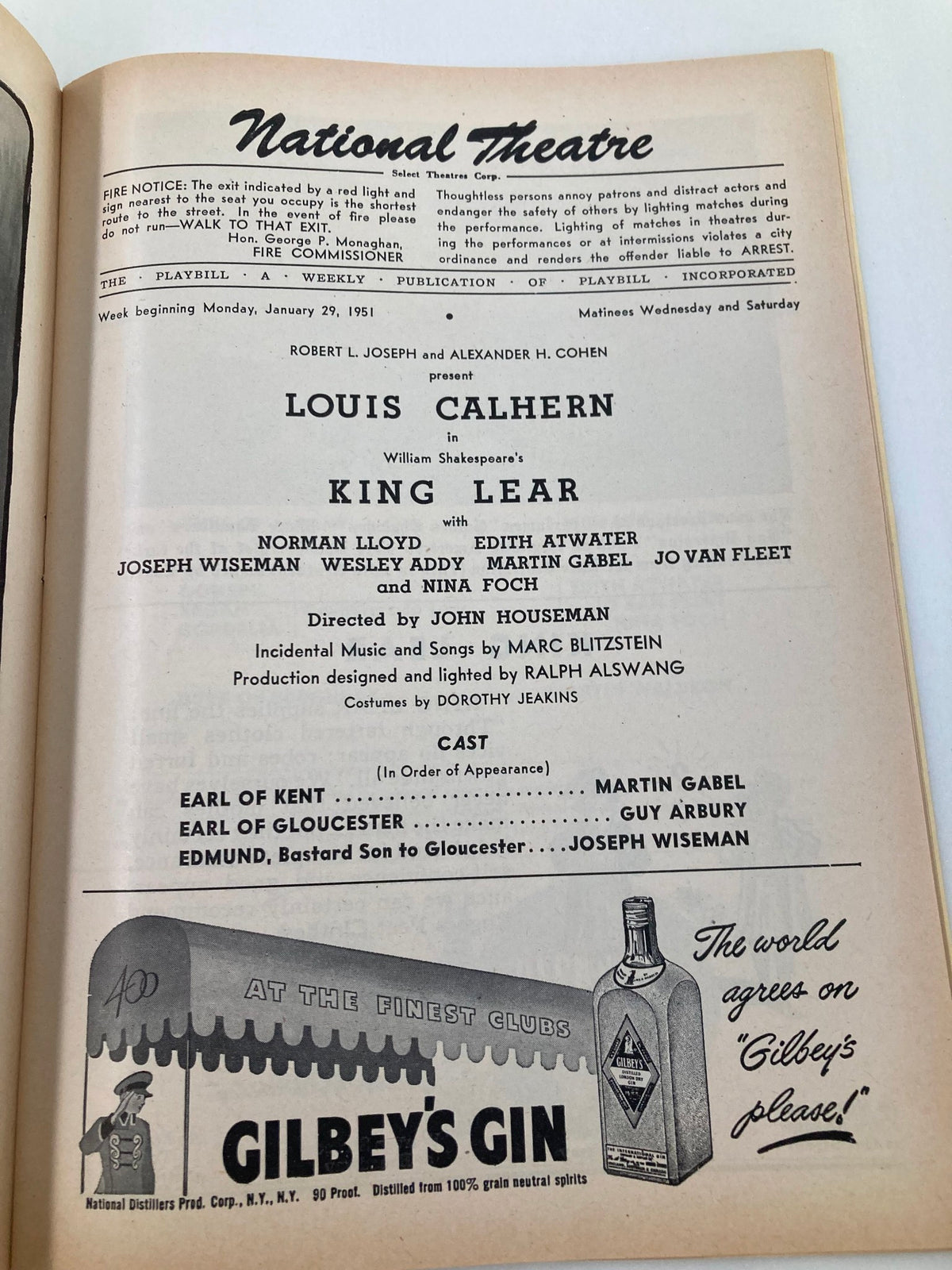 Interior page of the 1951 Playbill for National Theatre's King Lear, listing the cast including Louis Calhern and Norman Lloyd along with production details.
