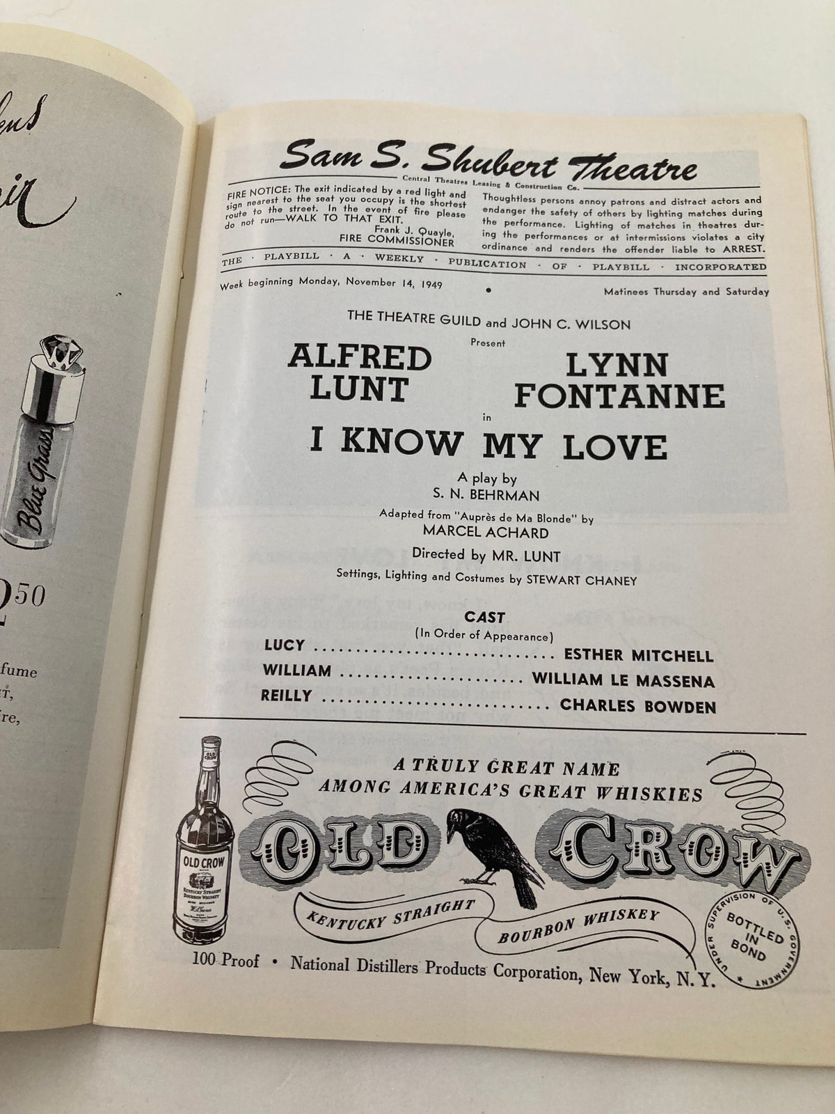 Interior page of the 1949 Playbill for 'I Know My Love' at Sam S. Shubert Theatre, including cast and production details for Alfred Lunt and Lynn Fontanne's performance.