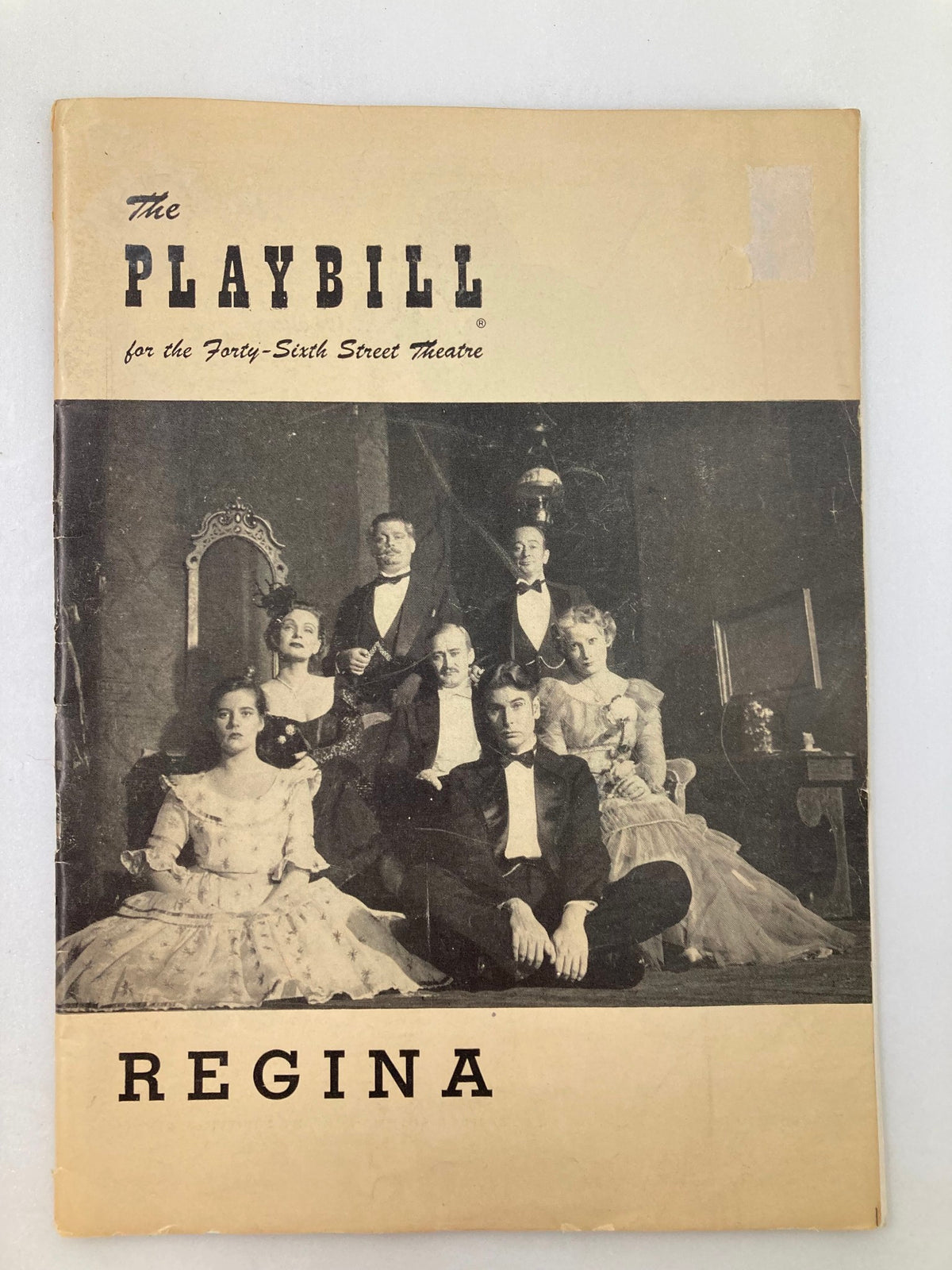 1949 Playbill for Regina at 46th Street Theatre featuring a vintage photograph of the cast. The cover displays the title in bold letters with the elegant design reflecting mid-century Broadway aesthetics.