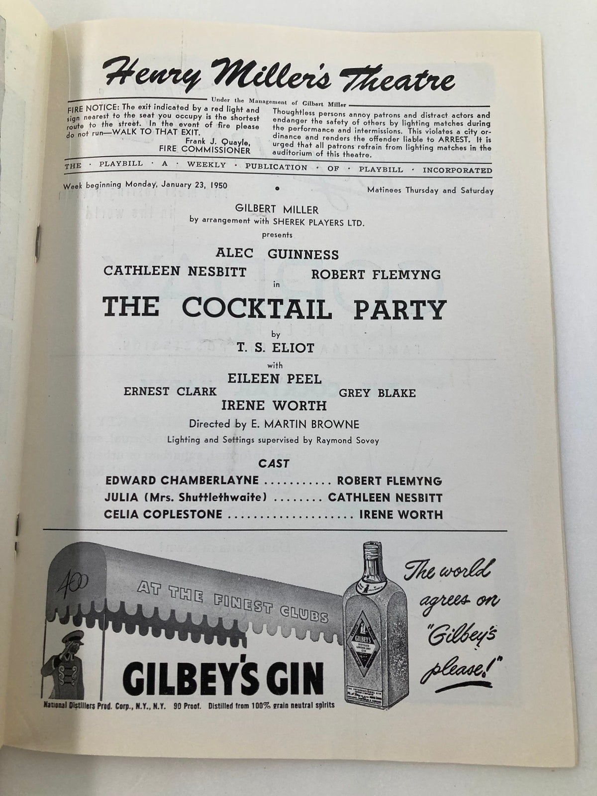 Interior page of the 1950 Playbill for The Cocktail Party by T.S. Eliot at Henry Miller's Theatre, detailing the cast and production information.