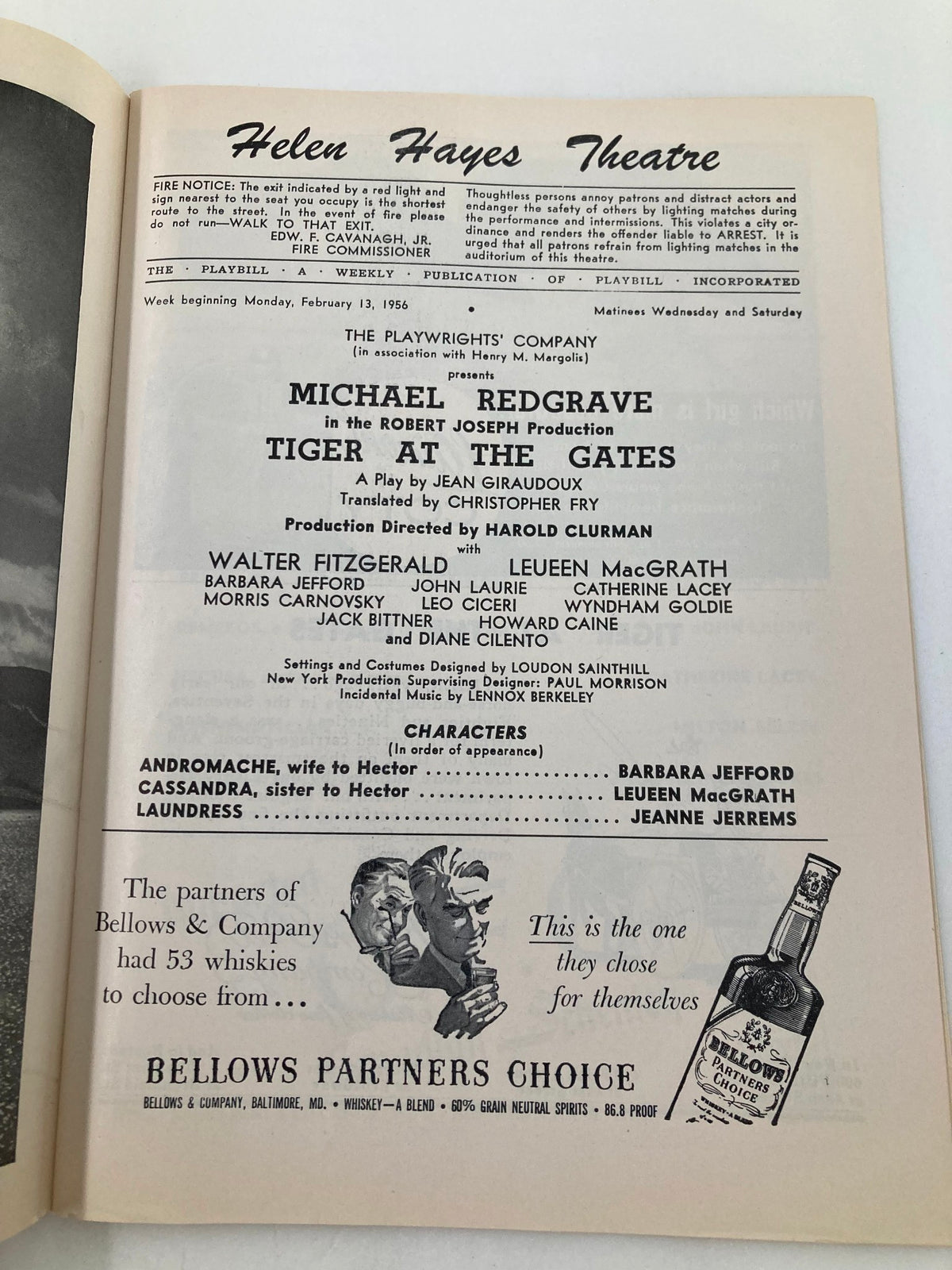 1956 Playbill for Tiger at the Gates at Helen Hayes Theatre featuring Michael Redgrave's performance, showcasing cast list and production details.