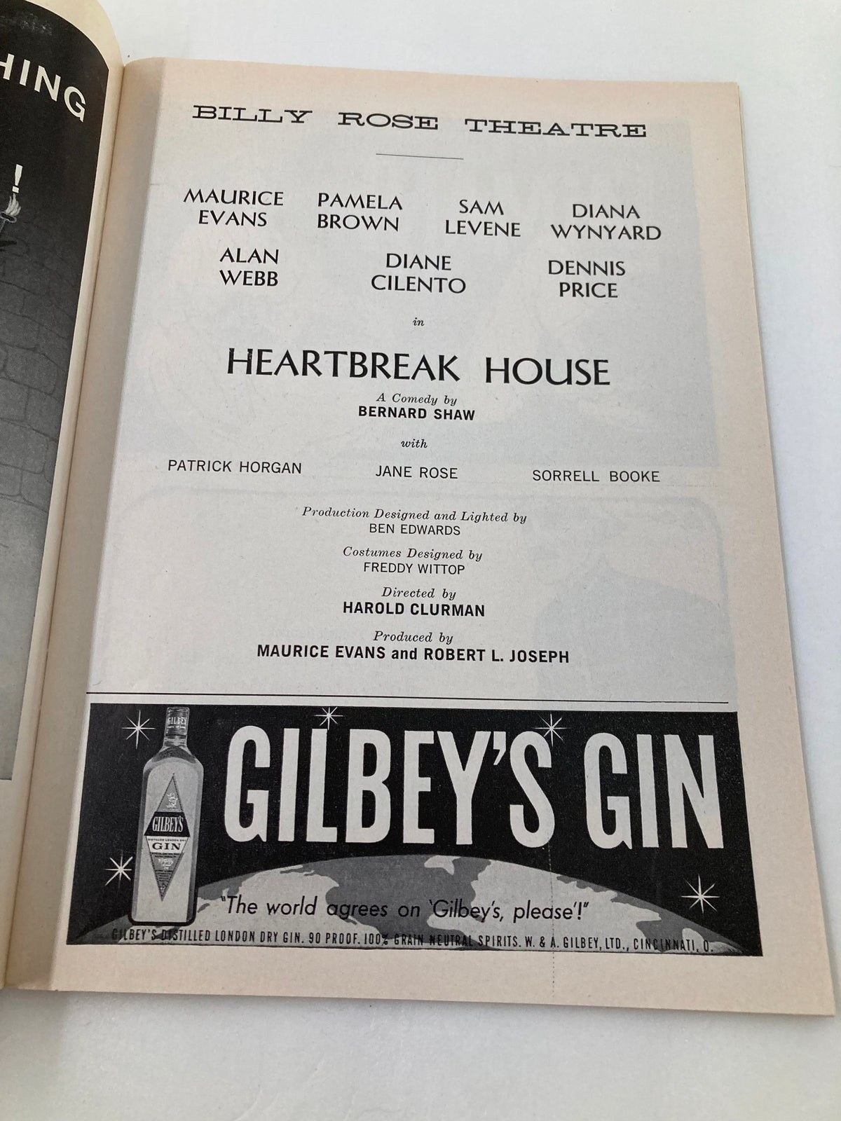 1959 Playbill for Heartbreak House at Billy Rose Theatre, showcasing cast members Maurice Evans, Pamela Brown, and others, featuring production details and advertisements.