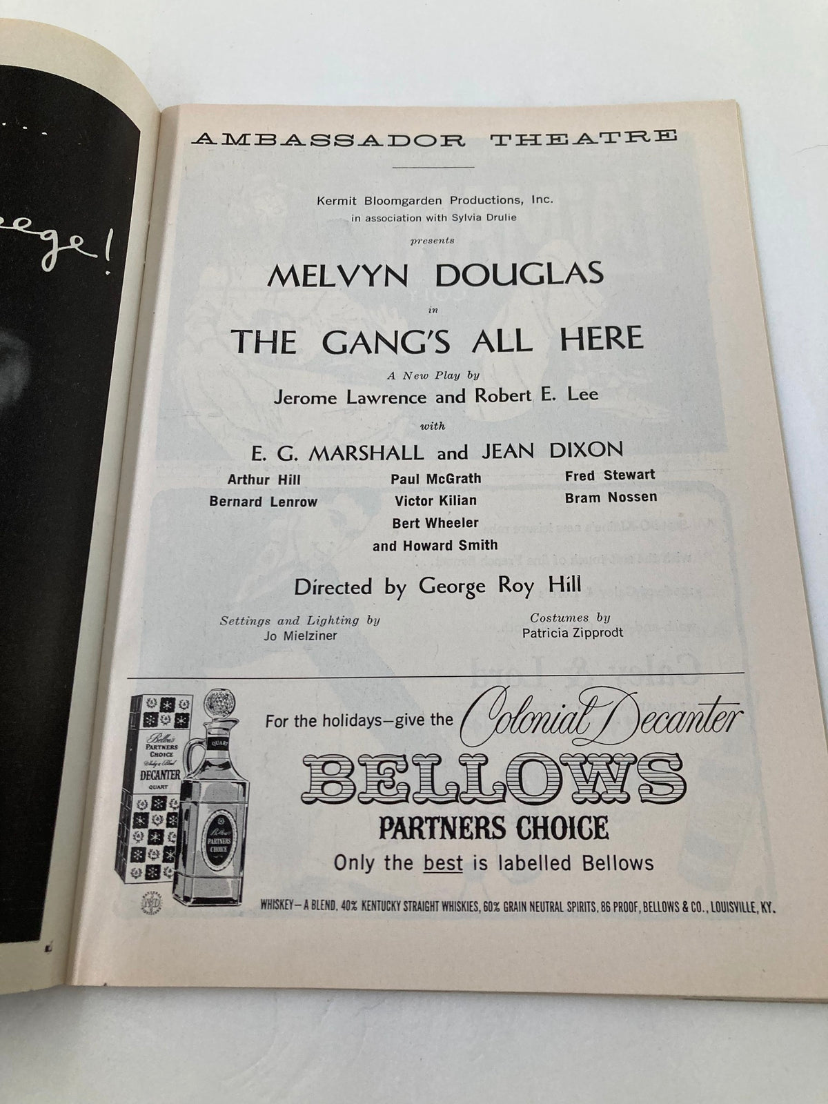 Back page of the 1959 Playbill featuring advertisements for 'The Gang's All Here' and Melvyn Douglas, enhancing its collectible value.