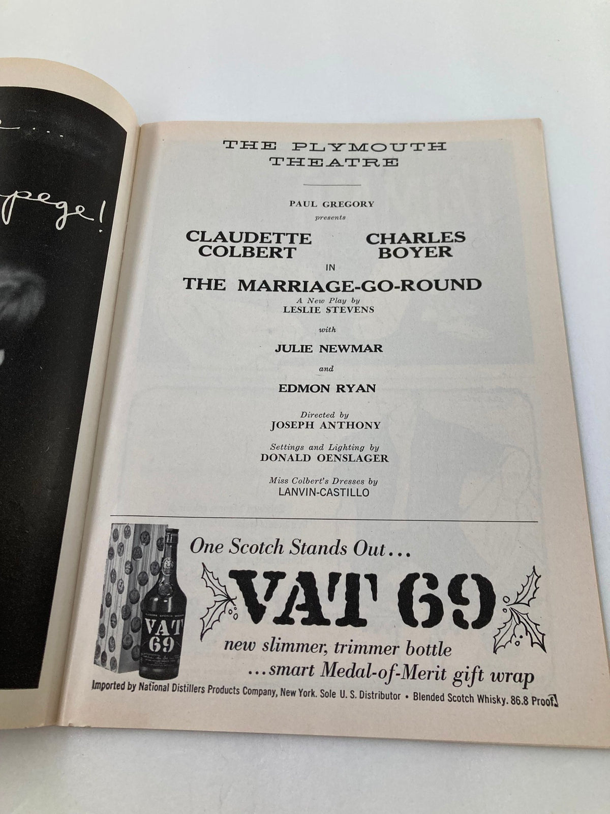 The Plymouth Theatre page from a 1960 playbill showcasing Claudette Colbert in The Marriage-Go-Round with production details.