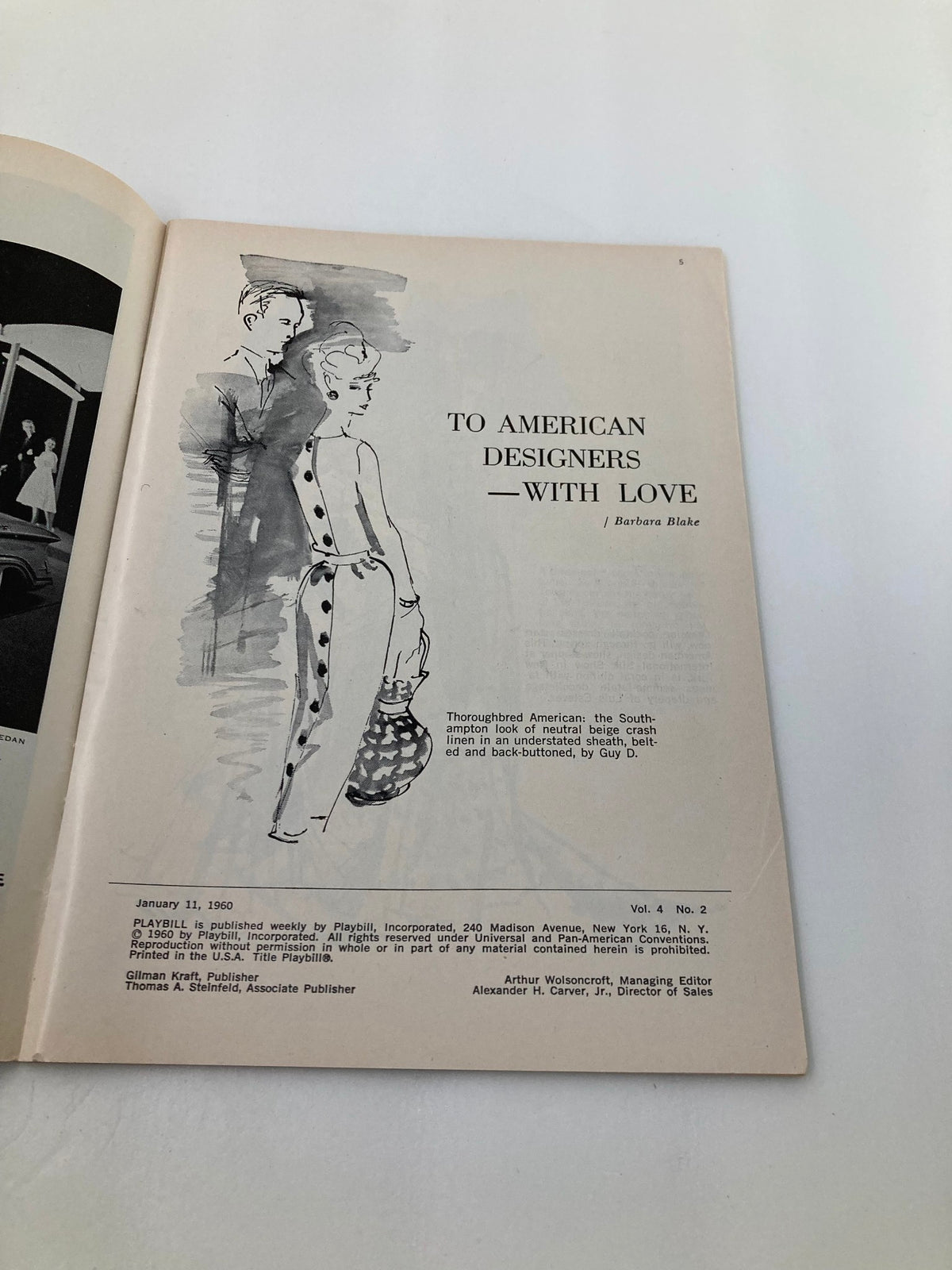 Interior page of the 1960 Playbill for The Marriage-Go-Round, titled 'To American Designers - With Love,' featuring a sketch of two stylish figures.