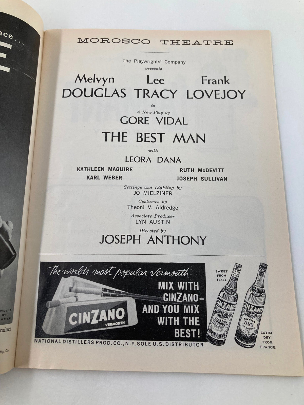 An image of the Morosco Theatre Playbill featuring casting details for Melvyn Douglas and Lee Tracy in The Best Man by Gore Vidal. Includes presentation credits and director information.