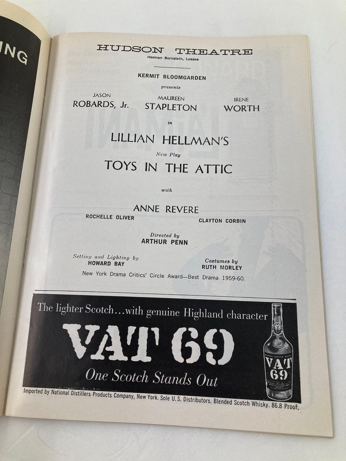 1960 Playbill for Toys in the Attic showcasing the Hudson Theatre's program details, including cast and creative team credits.