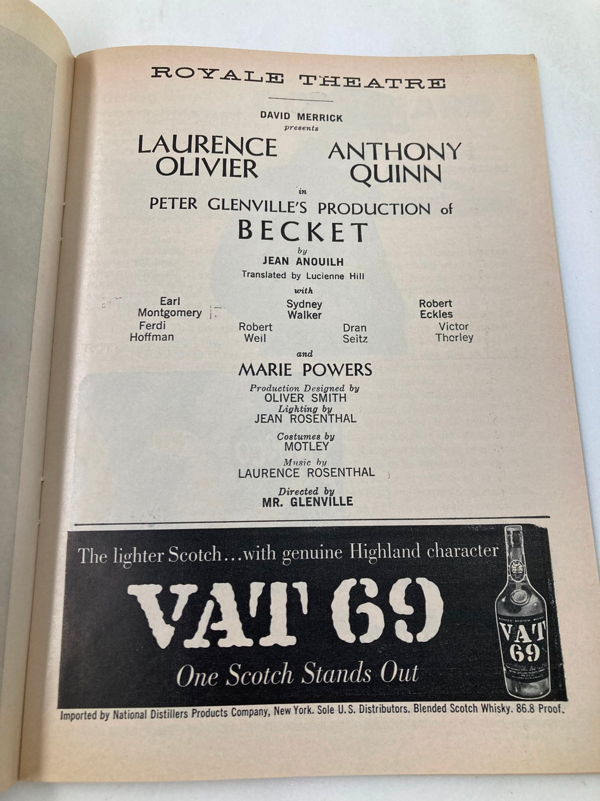 Interior page of the 1961 Playbill for Becket at the Royale Theatre featuring Laurence Olivier and Anthony Quinn.