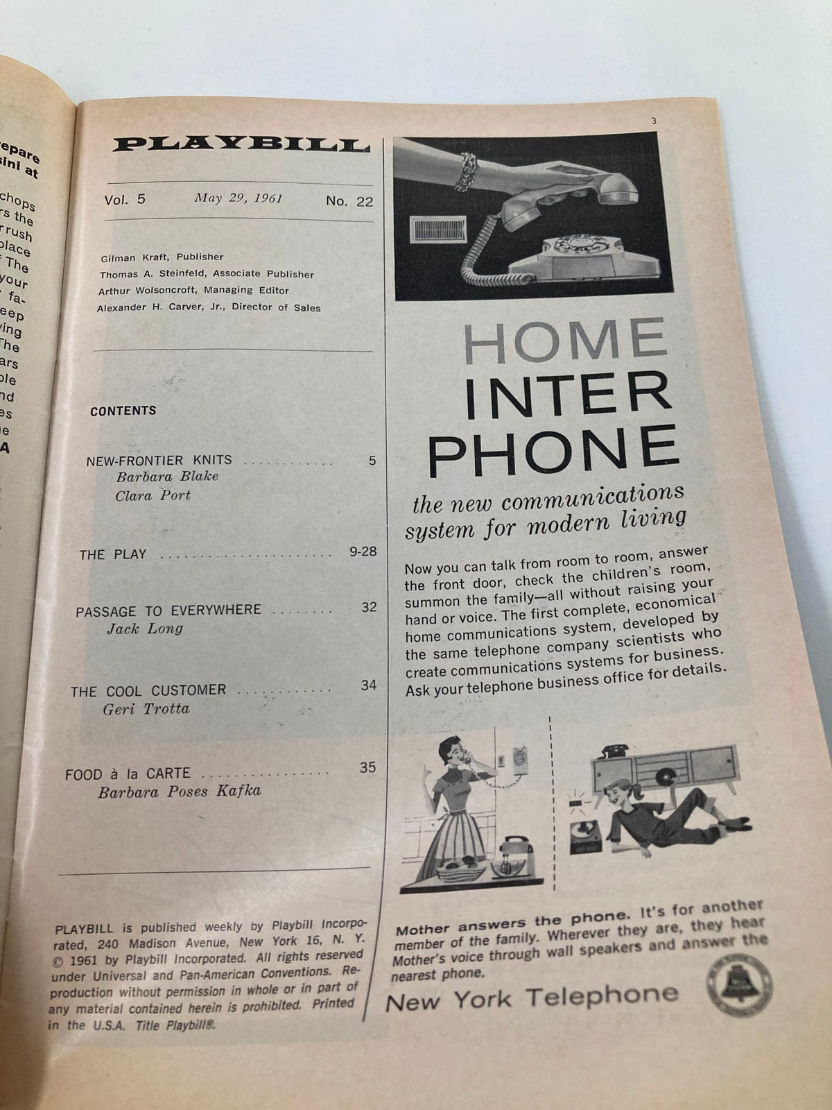 1961 Playbill from Helen Hayes Theatre, showcasing the contents page including a feature on home intercom systems, related to the 'Mary, Mary' performance.