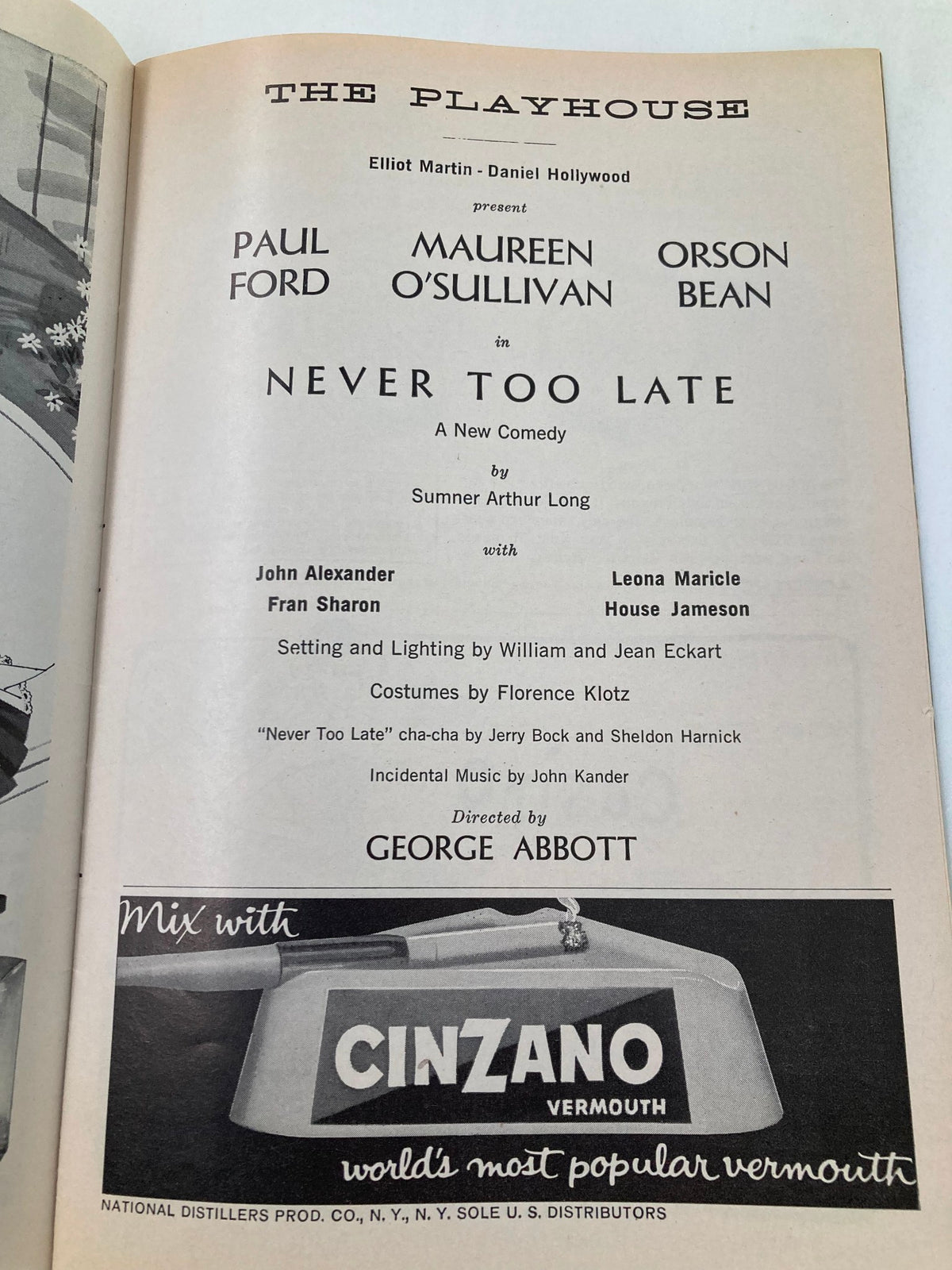 Another inside page of the 1963 Playbill for 'Never Too Late,' highlighting cast and crew details for this classic production.