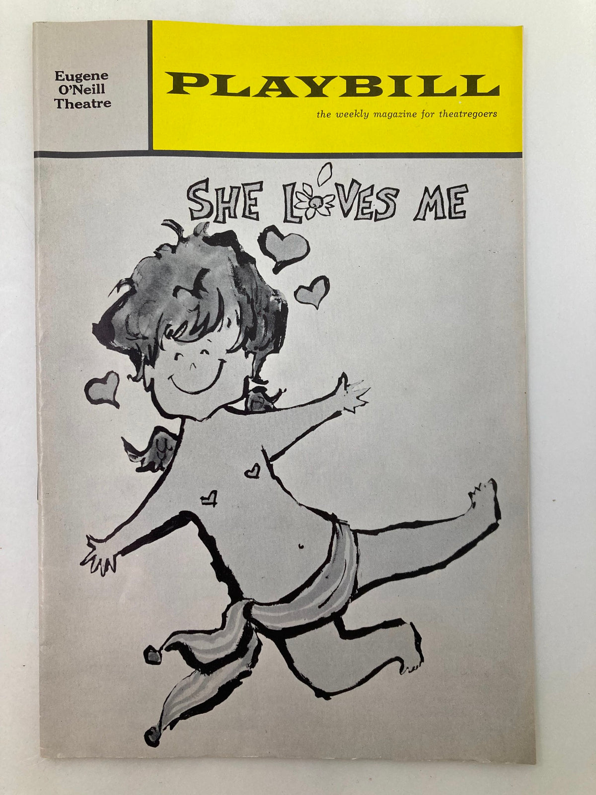 1963 Playbill from Eugene O'Neill Theatre featuring the cover art for She Loves Me, showcasing a humorous illustration related to the musical.
