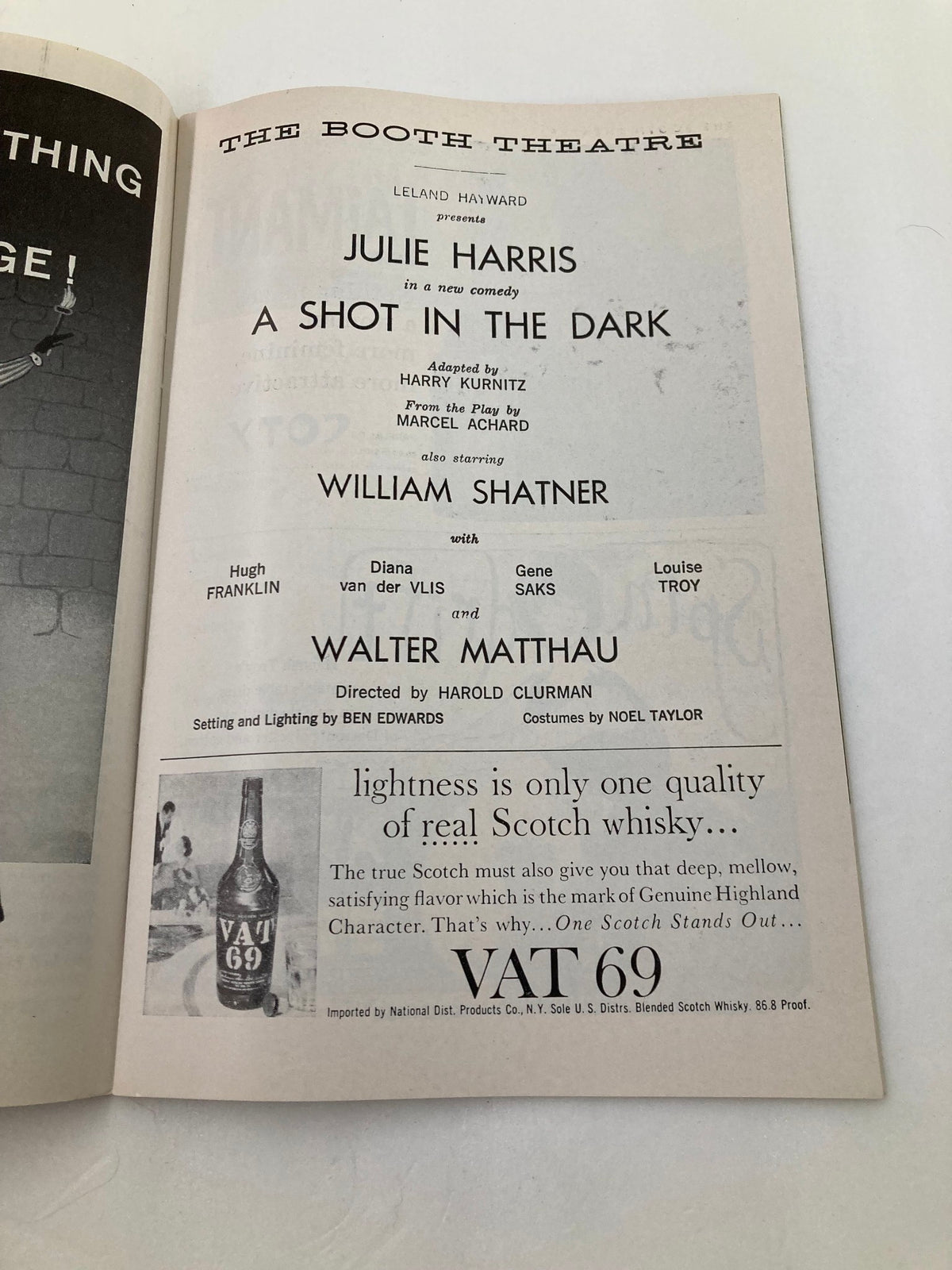 Vintage 1962 Playbill from The Booth Theatre featuring Julie Harris in 'A Shot In The Dark', showcasing the cast and production details.