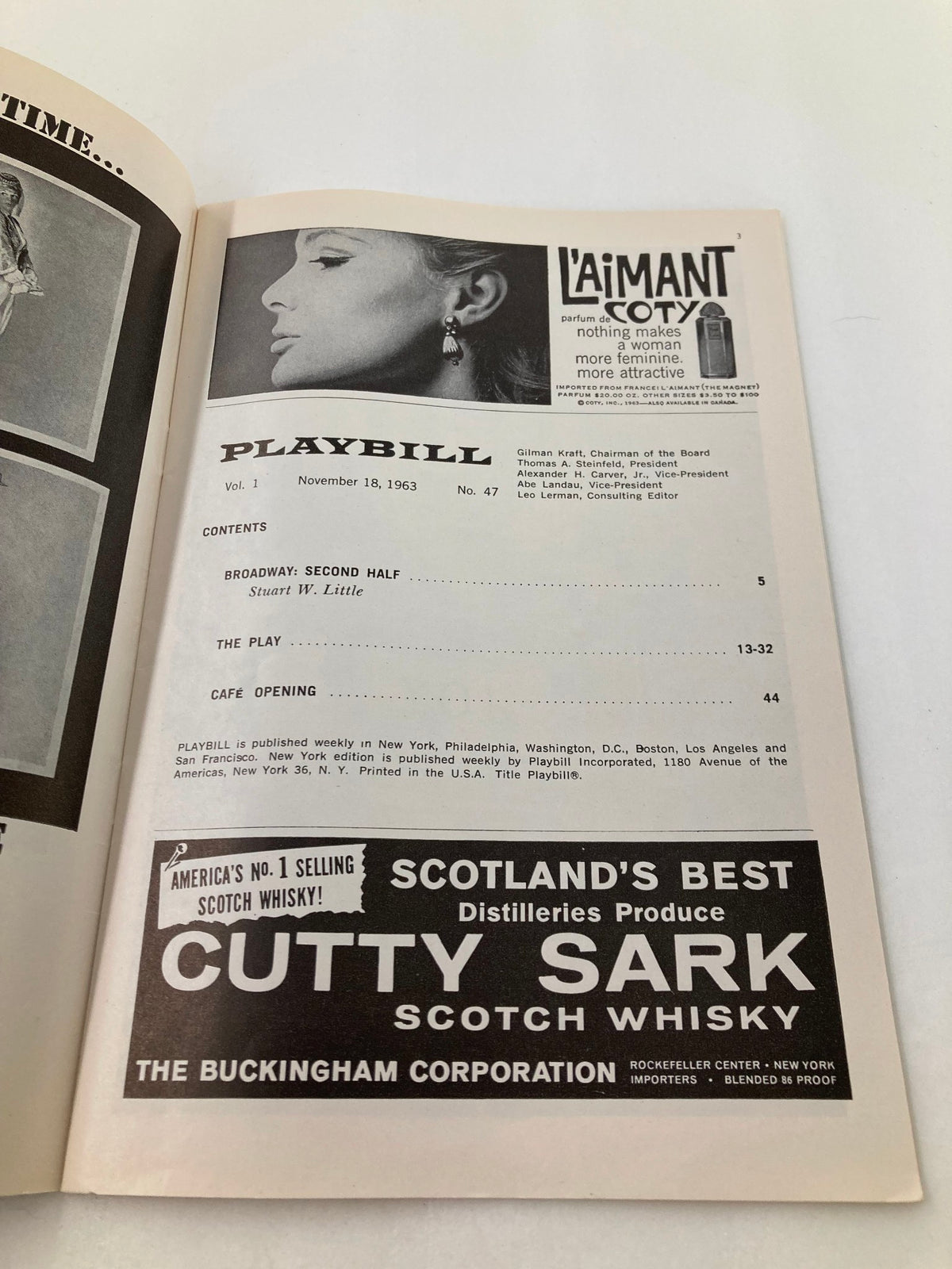 Inside page of the 1963 Playbill from St. James Theatre, featuring details about the play Luther and advertisements.