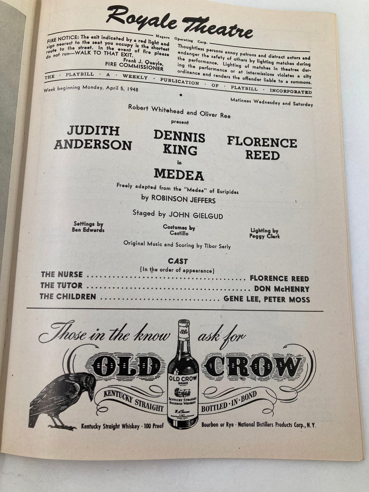 Inside page of the 1948 Playbill for Medea at Royale Theatre, detailing the cast including Judith Anderson and Dennis King.