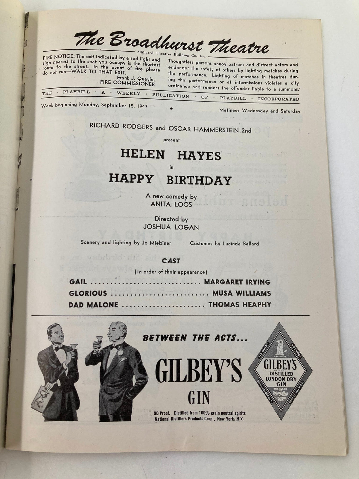 Interior page of the 1947 Playbill for 'Happy Birthday' starring Helen Hayes at the Broadhurst Theatre, detailing the cast and production information.