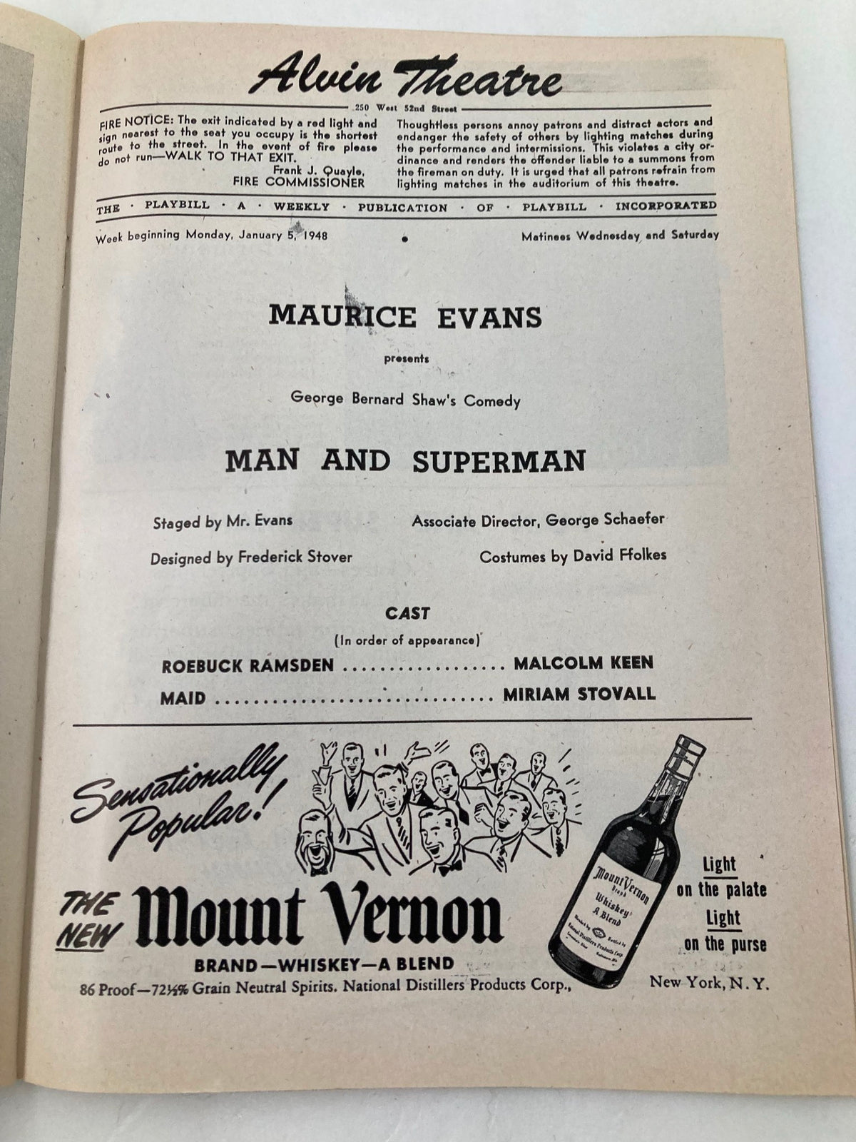 Interior page of the 1948 Playbill for Man and Superman at the Alvin Theatre detailing cast and production information.