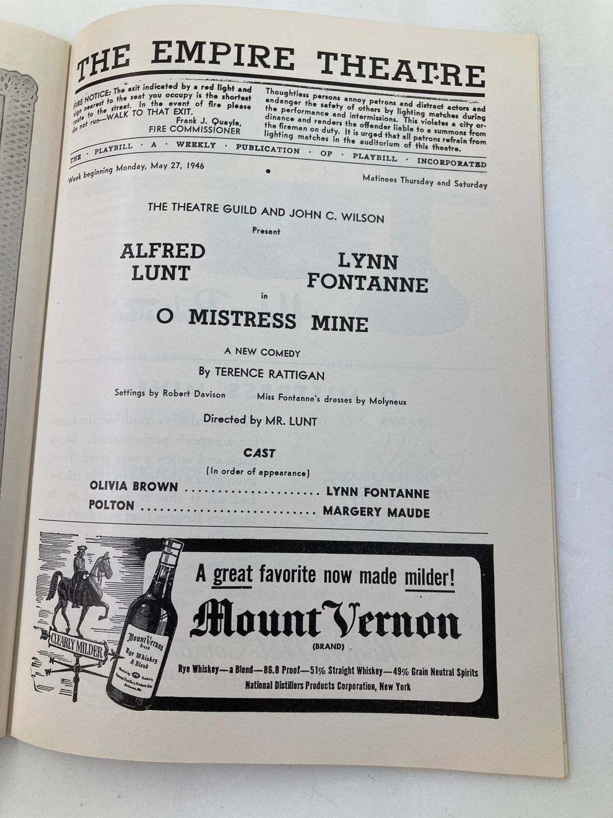 1946 Playbill from The Empire Theatre featuring Alfred Lunt and Lynn Fontanne in O Mistress Mine, showcasing the iconic production details and cast information.