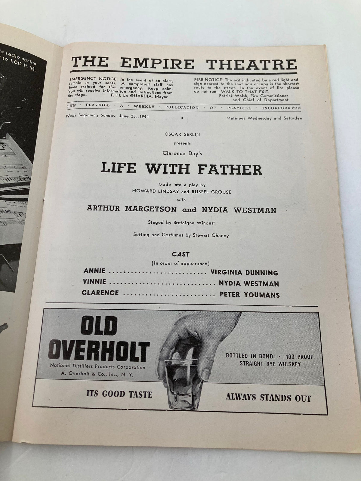 1944 Playbill from The Empire Theatre featuring Virginia Dunning in Life with Father, showcasing cast details and production information.