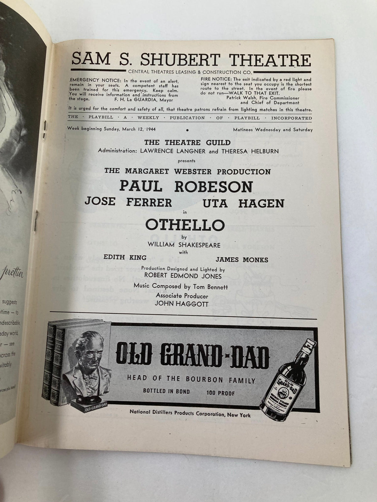 1944 Playbill from Sam S. Shubert Theatre featuring Paul Robeson and Jose Ferrer in Othello, with details of the production and advertising for Old Grand-Dad bourbon.