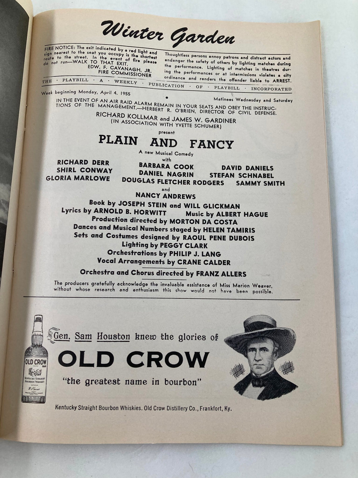 Inside page of the 1955 Playbill for Plain and Fancy, detailing the cast and production staff, showcasing notable performances by Richard Derr and Barbara Cook at the Winter Garden Theatre.