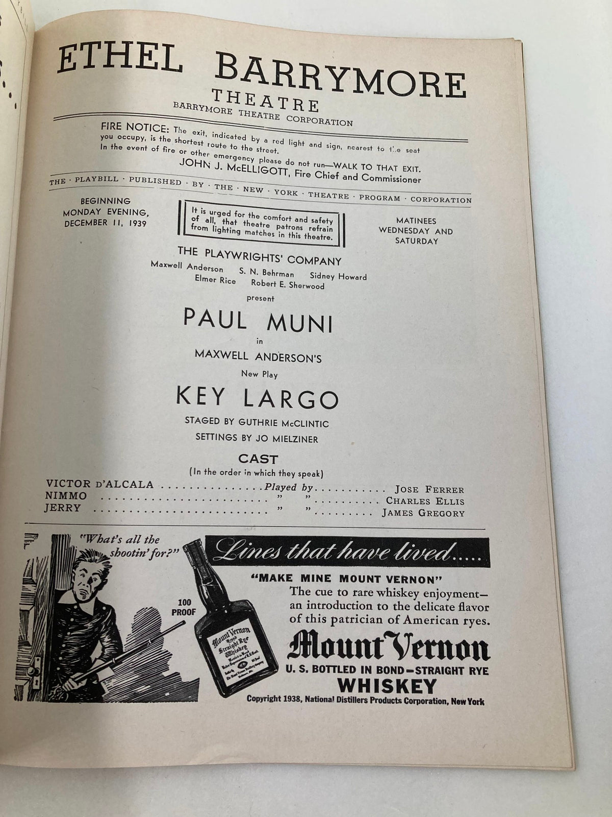 Inside page of the 1939 Playbill from the Ethel Barrymore Theatre, showcasing cast details for Paul Muni and Jose Ferrer in Key Largo, along with advertising sections.