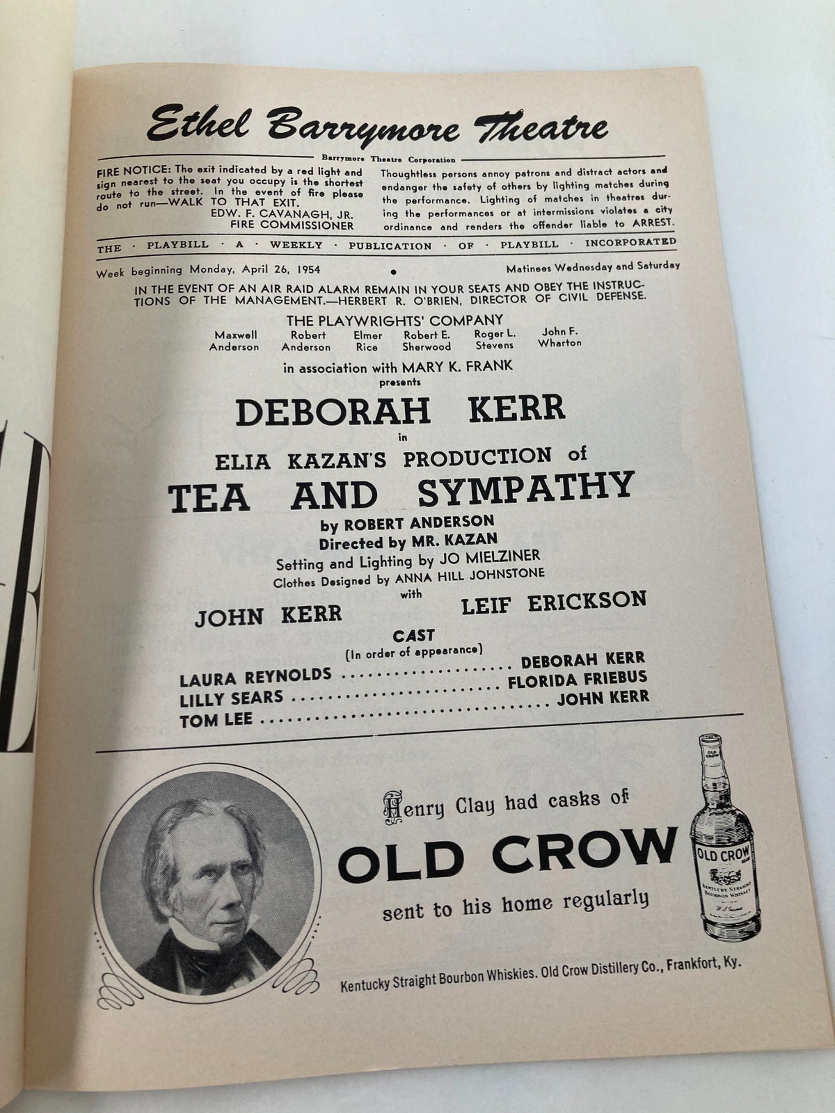 Inside page of the 1954 Playbill for 'Tea and Sympathy' showcasing cast details and production notes for the performance starring Deborah Kerr at the Ethel Barrymore Theatre.
