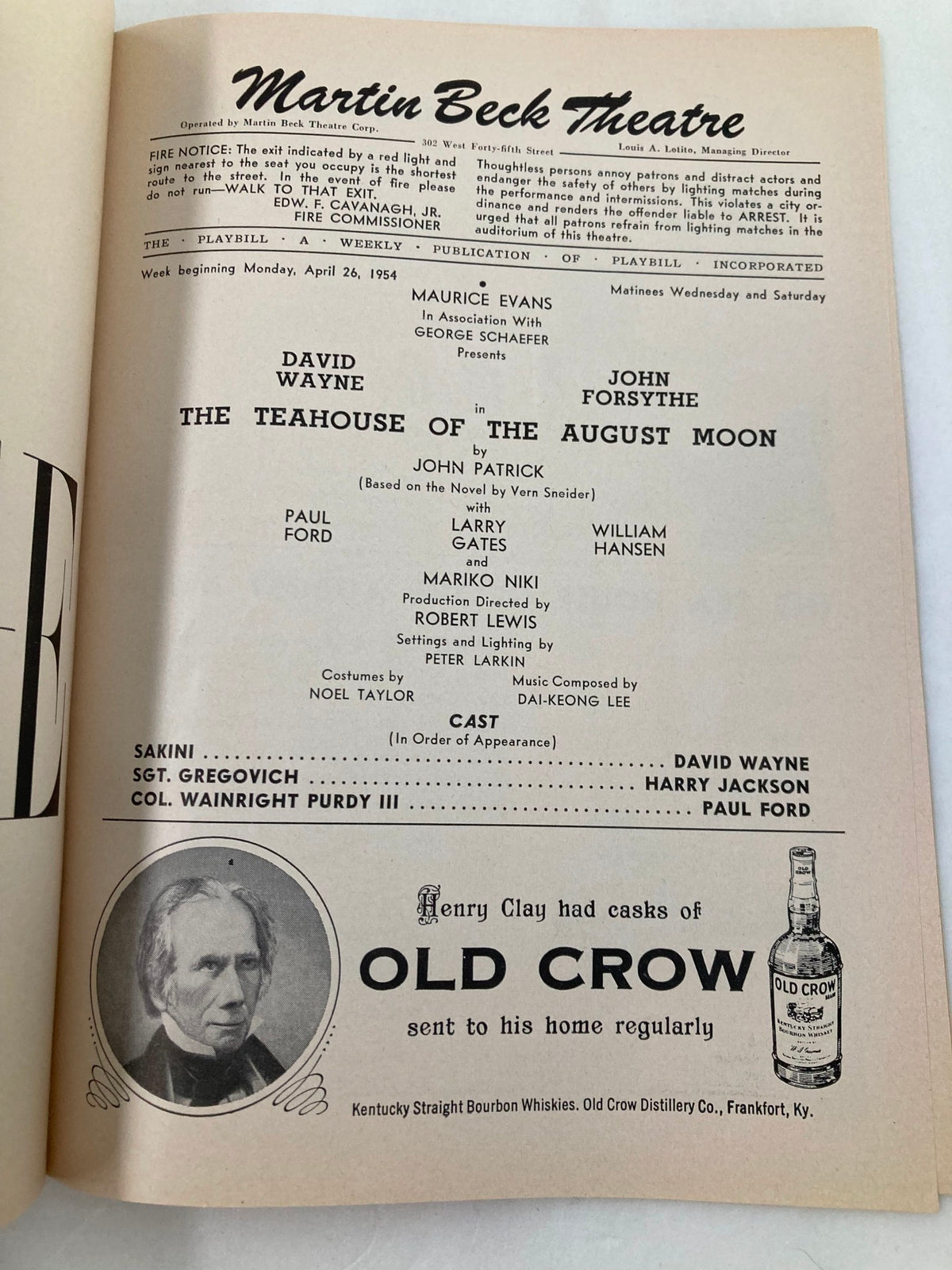 Inside page of the 1954 Playbill for the Martin Beck Theatre's production of 'The Teahouse of The August Moon,' highlighting the cast and production details.