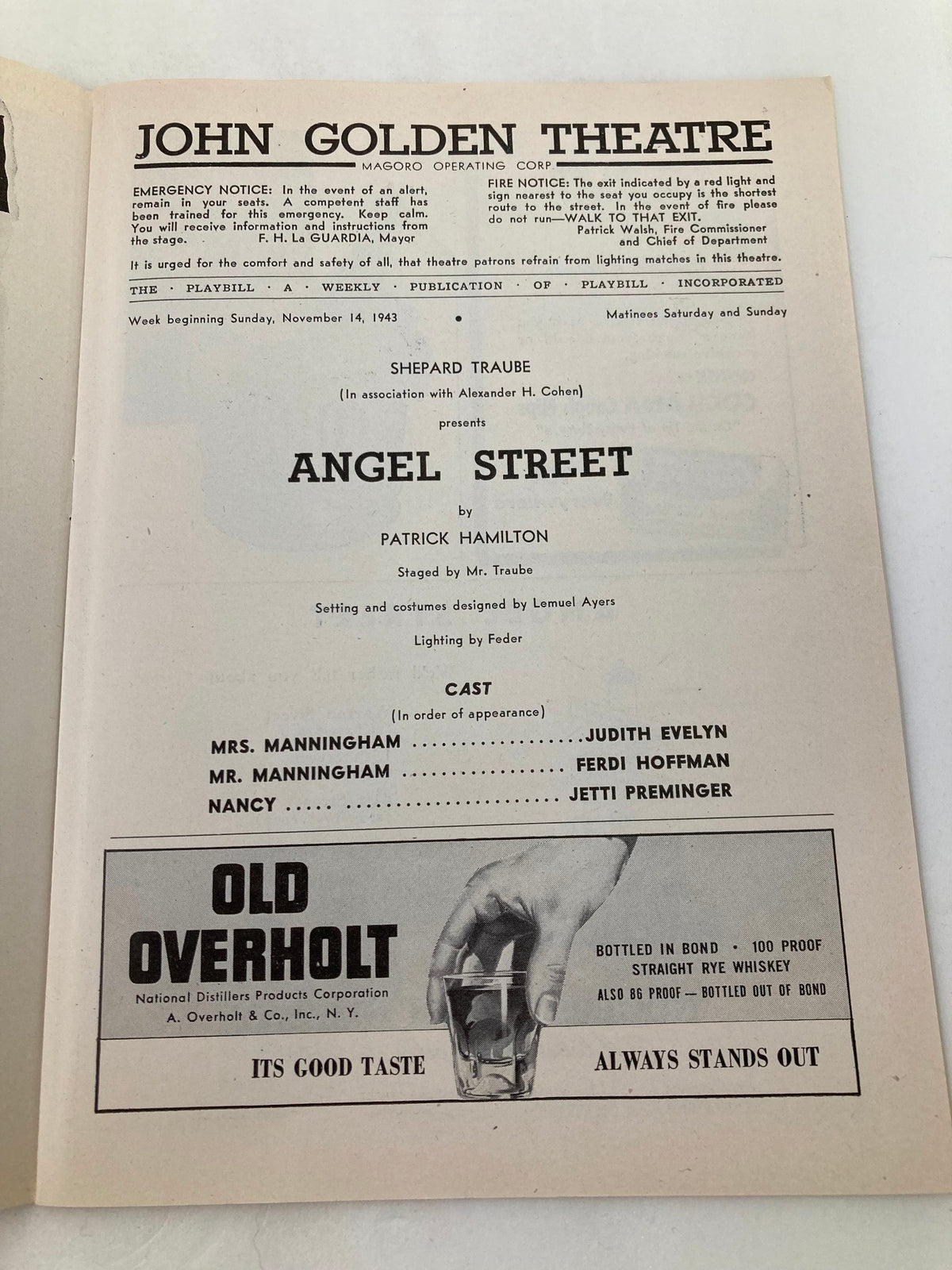 1943 Playbill from John Golden Theatre featuring the play Angel Street, showcasing details on the cast and production, with performances by Judith Evelyn and Ferdi Hoffman.
