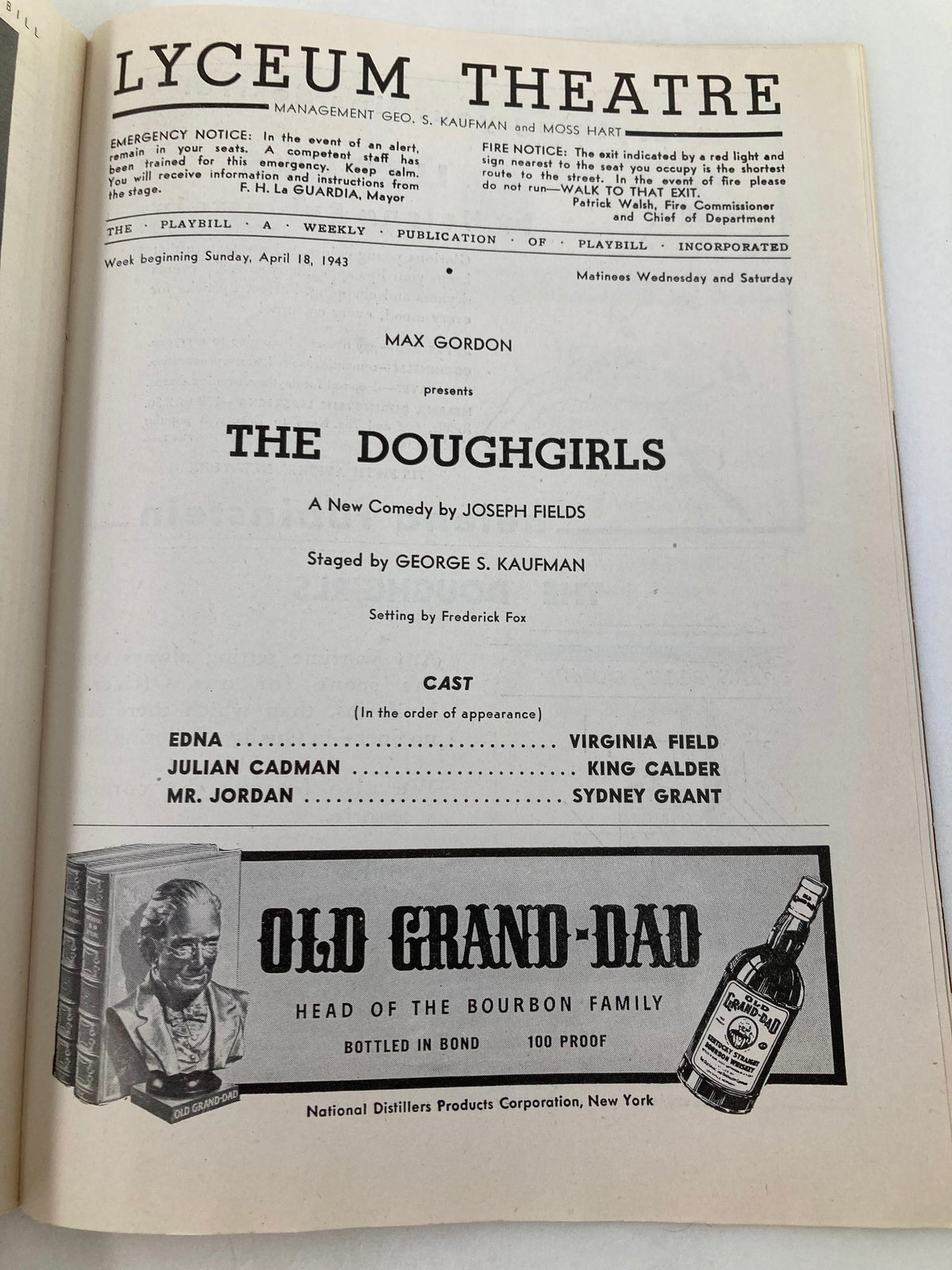 1943 Playbill for The Doughgirls, showcasing the interior page with cast details and production credits, from the Lyceum Theatre.