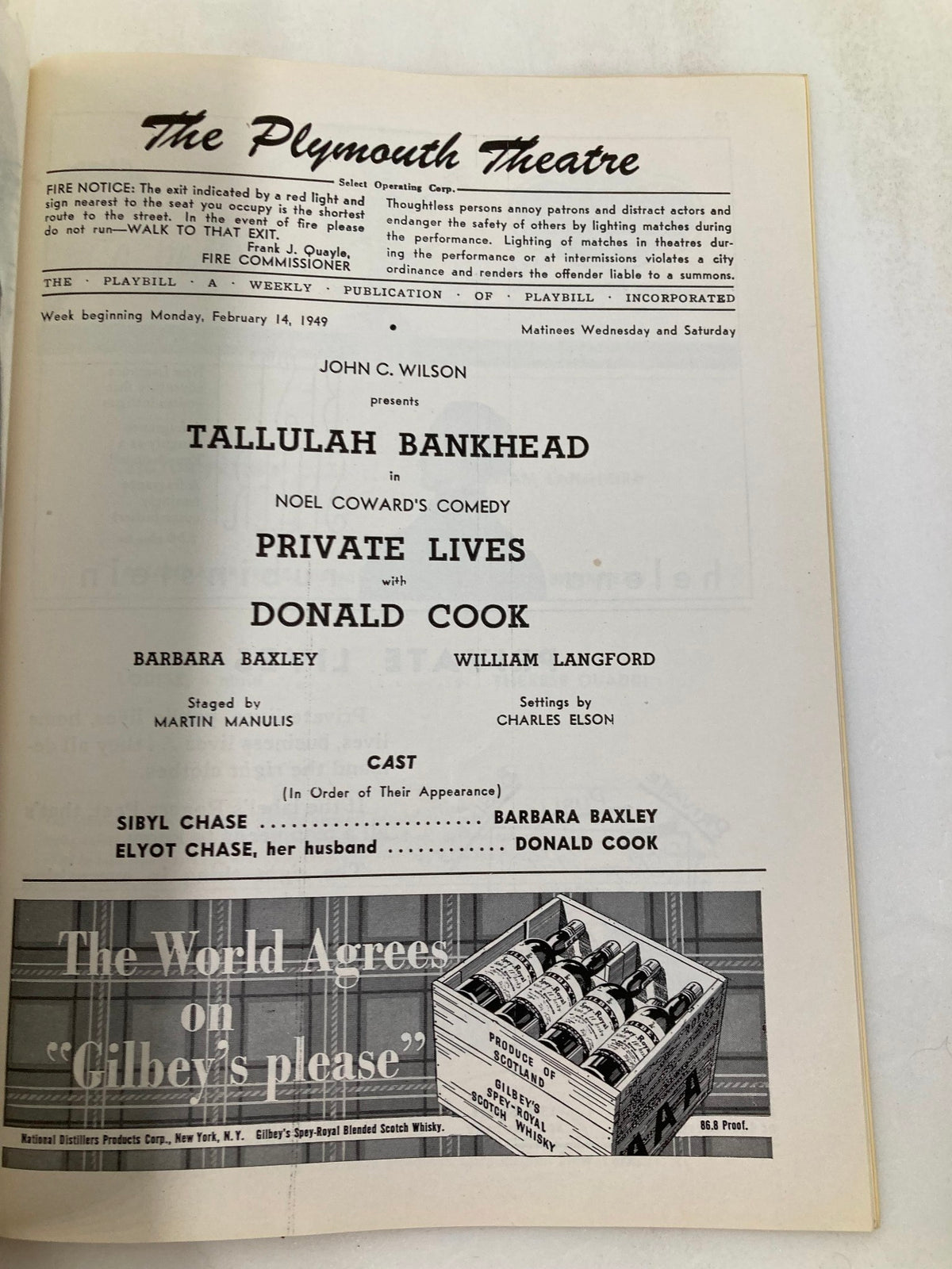 Inside page of the 1949 Playbill for The Plymouth Theatre, detailing the cast and production information for 'Private Lives' featuring Barbara Baxley and Donald Cook. A vintage theater memorabilia piece.