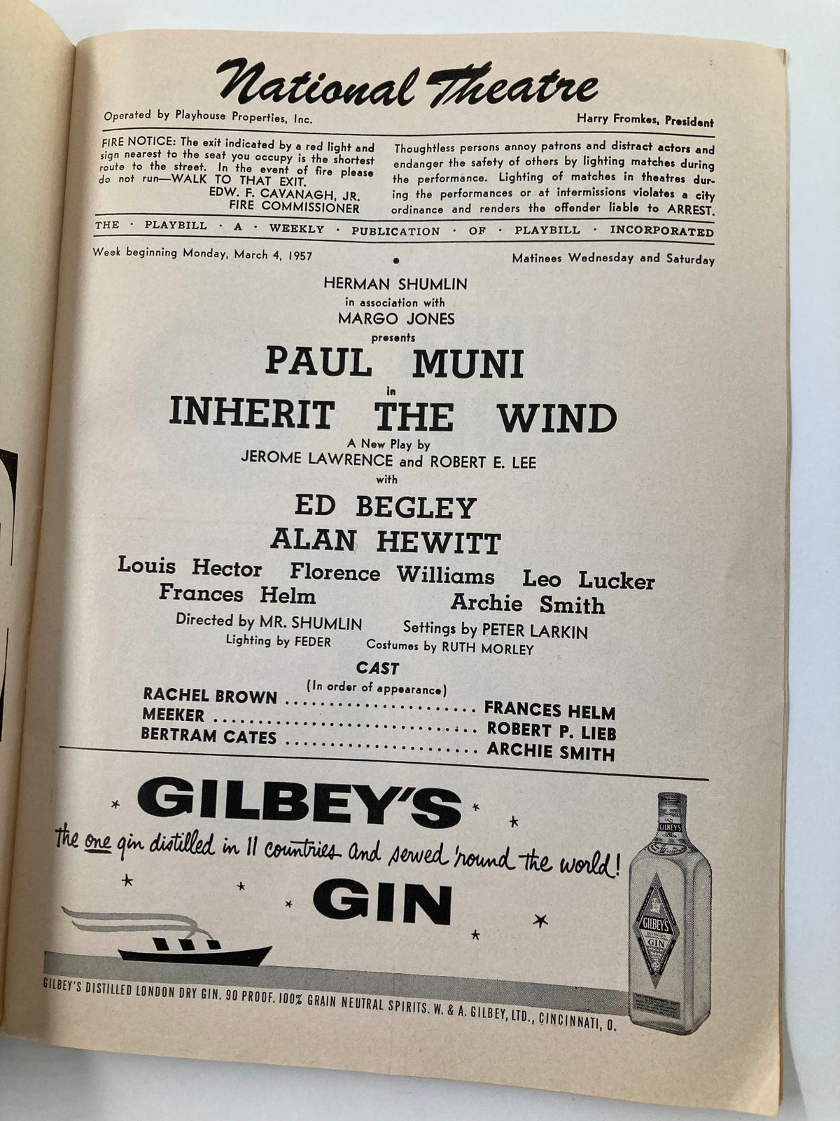 Inside page of the 1957 Playbill from the National Theatre detailing the cast, including Paul Muni and Ed Begley in 'Inherit the Wind.'
