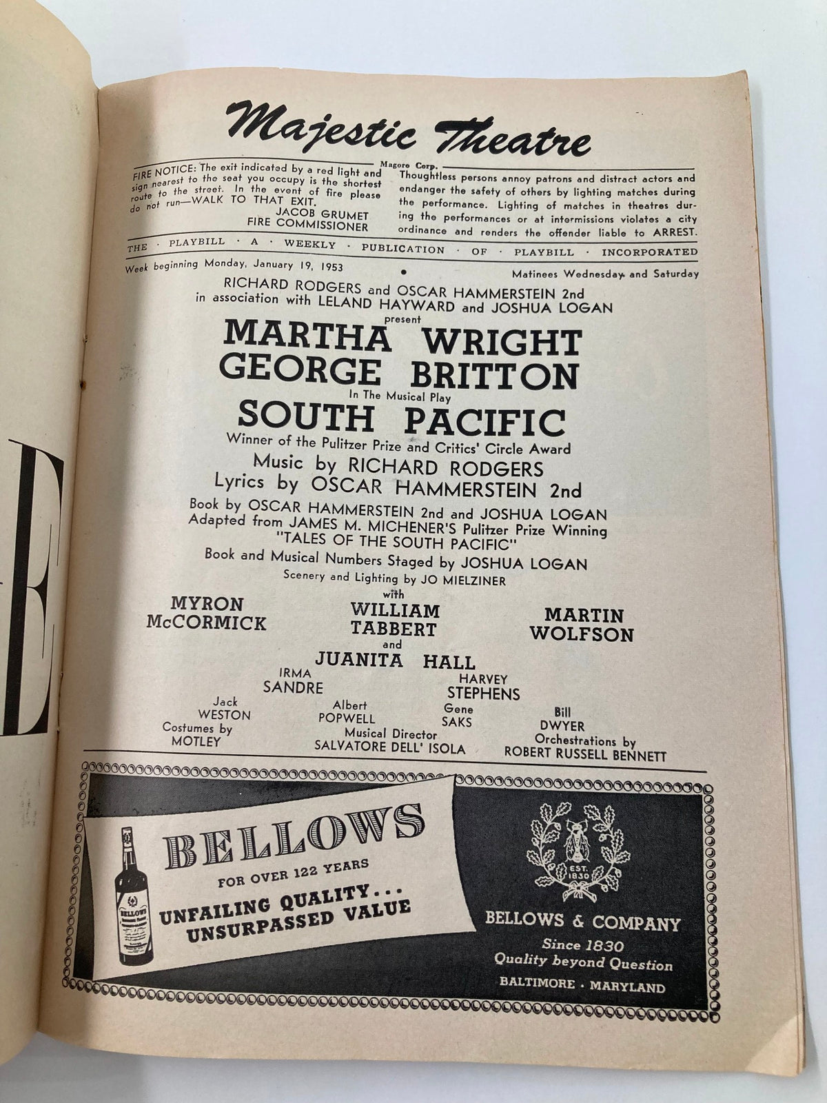 Interior page of the 1953 Playbill for South Pacific, showcasing cast details including Marta Wright and George Britton.