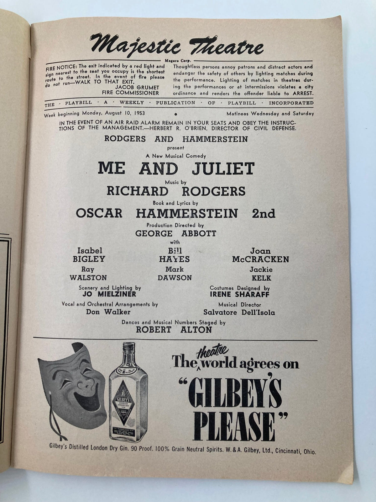 Interior page of the 1953 Playbill for 'Me and Juliet', detailing the cast and production credits at the Majestic Theatre.