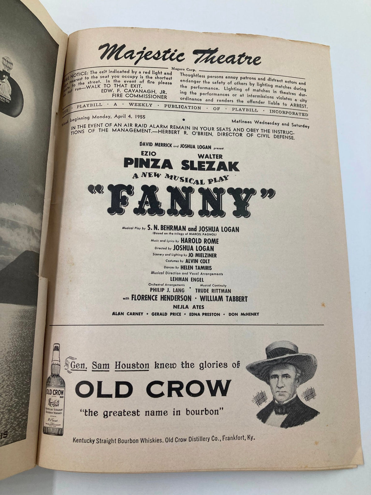Inside page of the 1955 Playbill for the Majestic Theatre, showcasing details of the production of Fanny, starring Ezio Pinza and Walter Slezak.
