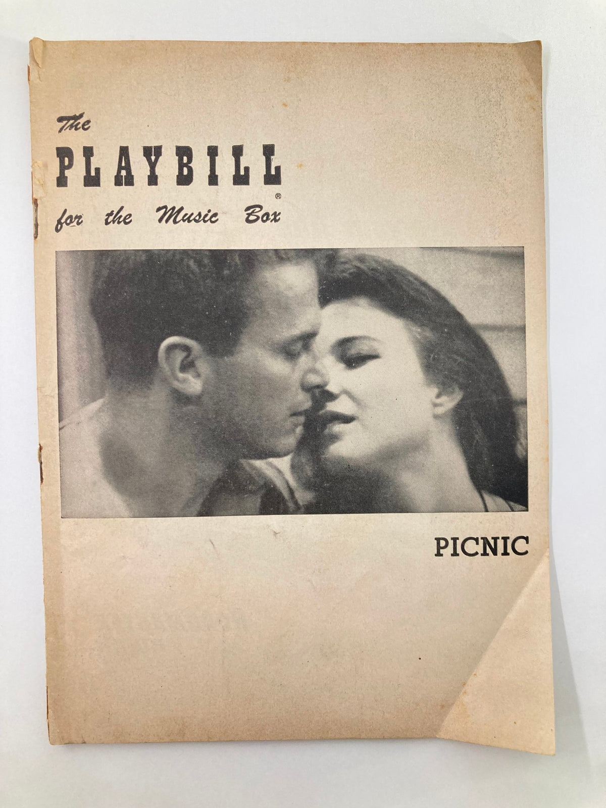 Original 1953 Playbill for The Music Box production of Picnic featuring a romantic black and white image of two actors.