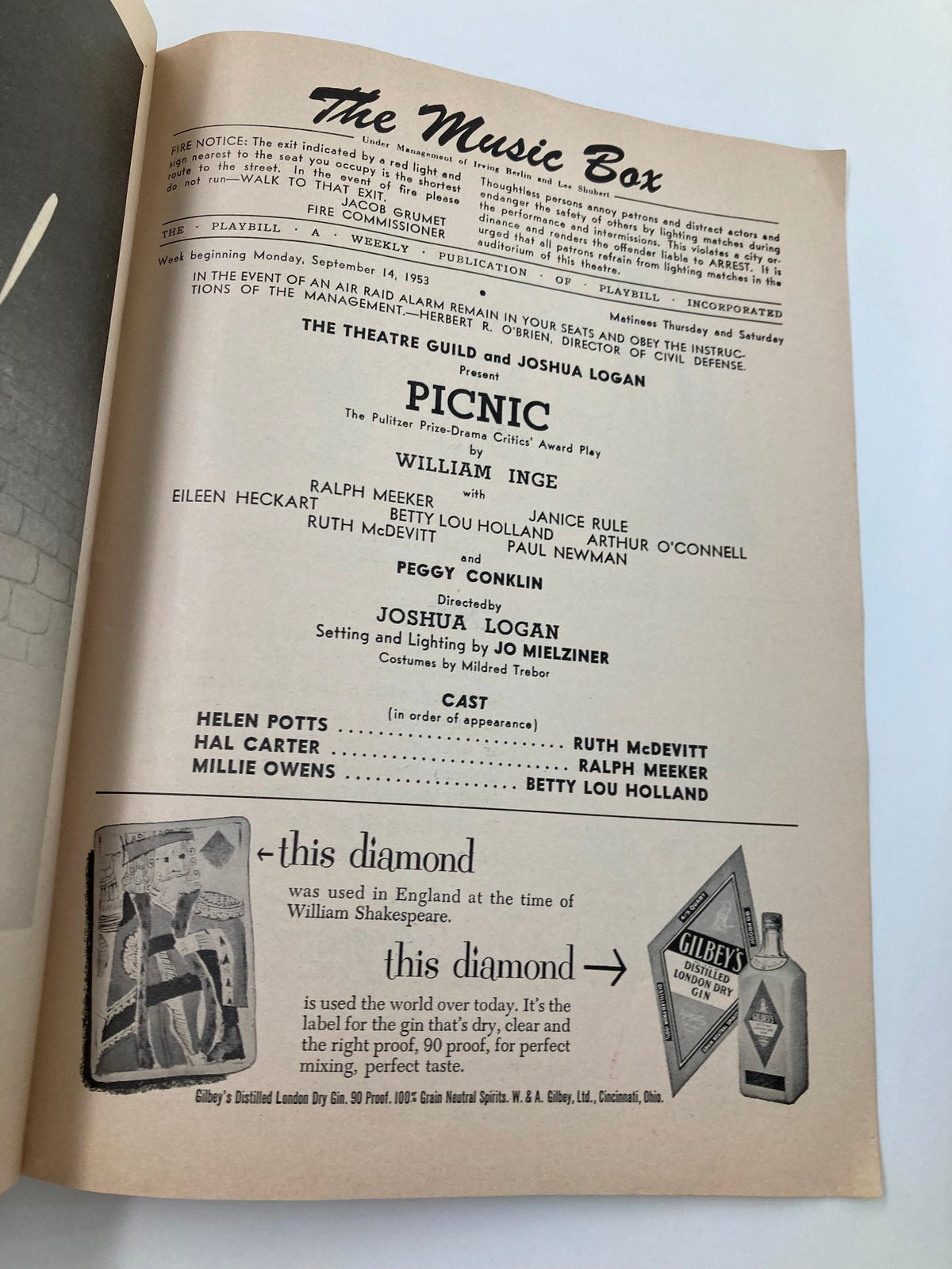 Vintage 1953 Playbill for The Music Box production of Picnic featuring cast members Ruth McDevitt and Ralph Meeker, showcasing theater history with details of the performance.