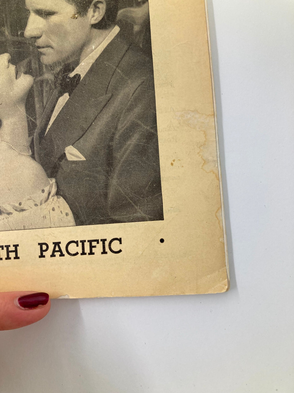 Another angle of the 1950 Playbill for South Pacific, focusing on the wear marks and historical charm of this collectible theatre item from the Majestic Theatre.
