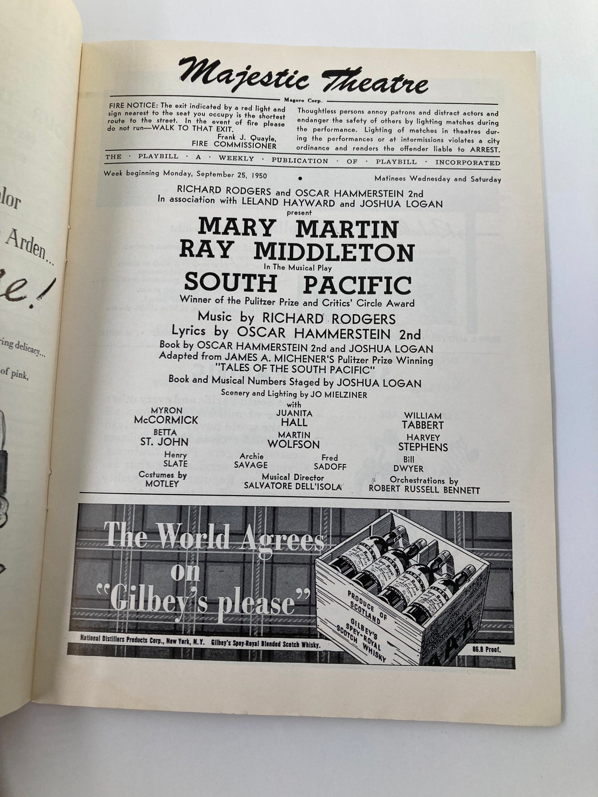 Interior page of the 1950 Playbill from Majestic Theatre for South Pacific, featuring cast list and credits for Mary Martin and Ray Middleton.