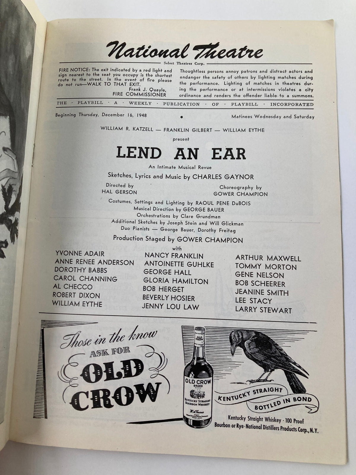 Inside page of the 1948 Playbill from the National Theatre, detailing the cast of Lend An Ear along with production information.