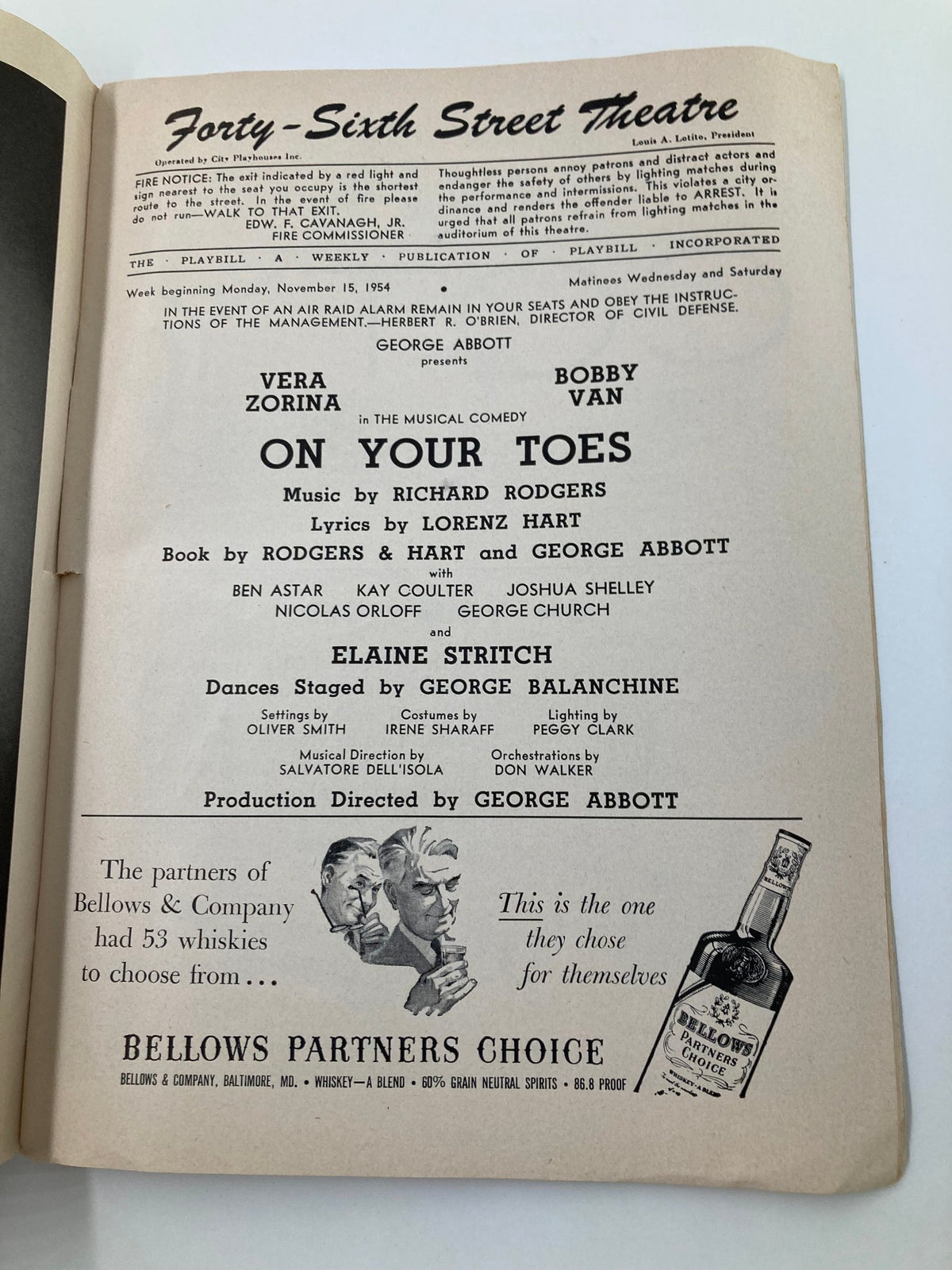 Inside page of the 1954 Playbill from the 46th Street Theatre listing cast members Vera Zorina and Bobby Van for the musical 'On Your Toes', featuring production details.