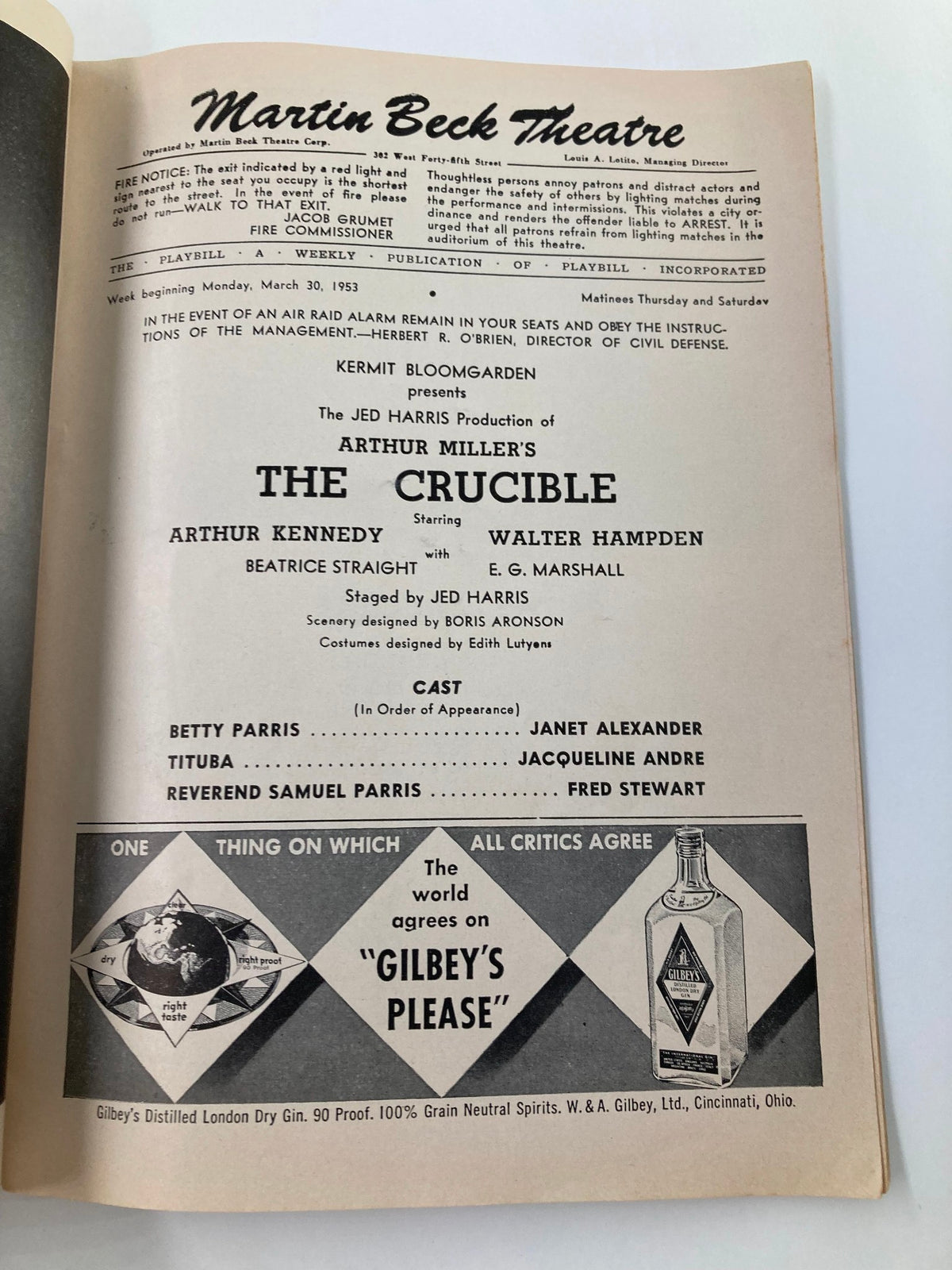 1953 Playbill from Martin Beck Theatre featuring Arthur Kennedy and Walter Hampden in Arthur Miller's The Crucible. The item includes details about the performance, cast, and advertising, showcasing a piece of Broadway history.