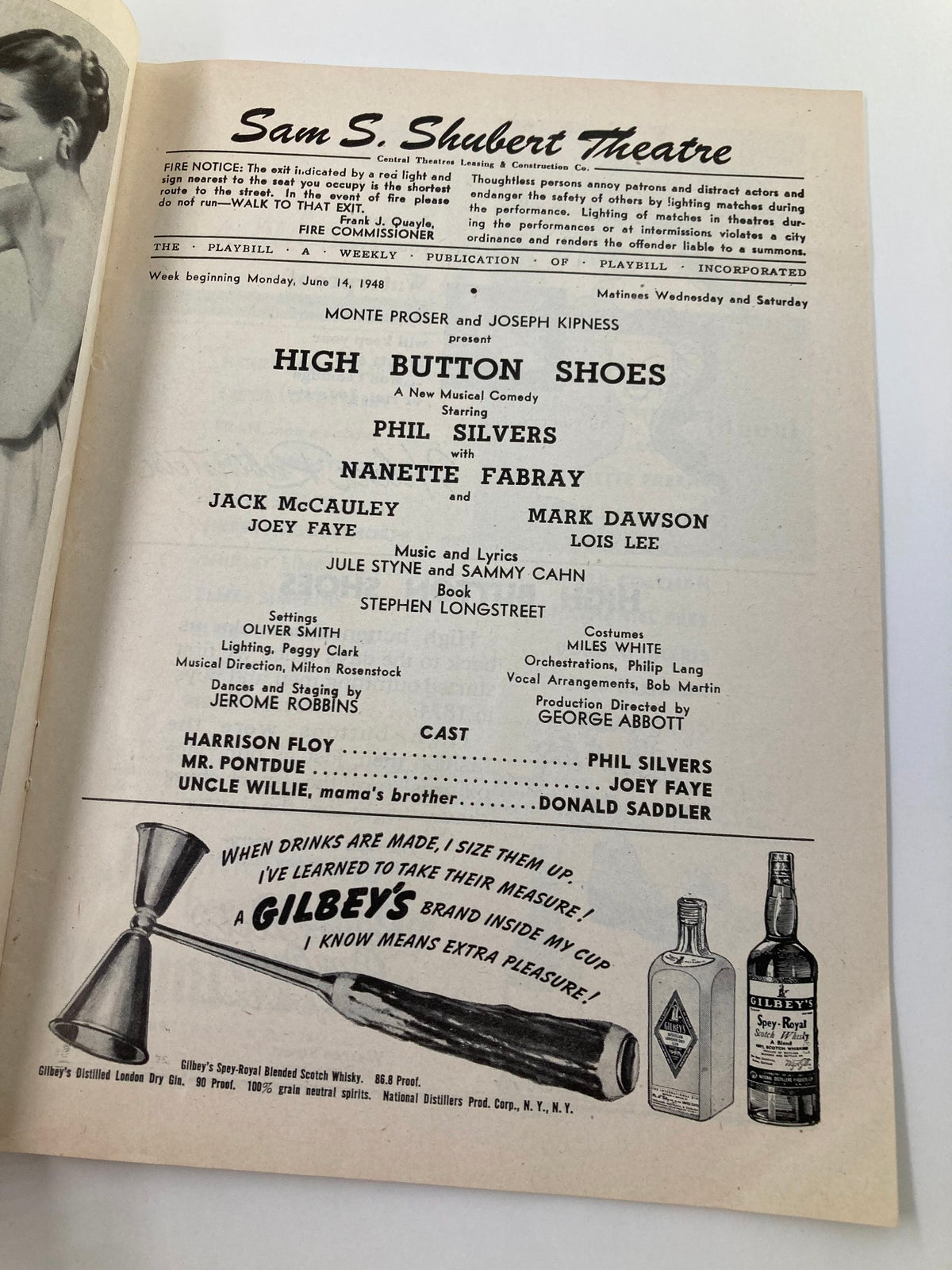1948 Playbill for Sam S. Shubert Theatre featuring High Button Shoes, listing cast and crew details, including Phil Silvers and Nanette Fabray, along with an advertisement for Gilbey's gin.