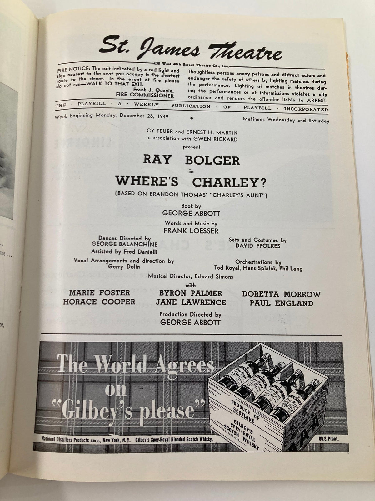 1949 Playbill from St. James Theatre featuring Ray Bolger and Marie Foster in Where's Charley? Includes details about performances, cast, and advertisements from the original production.
