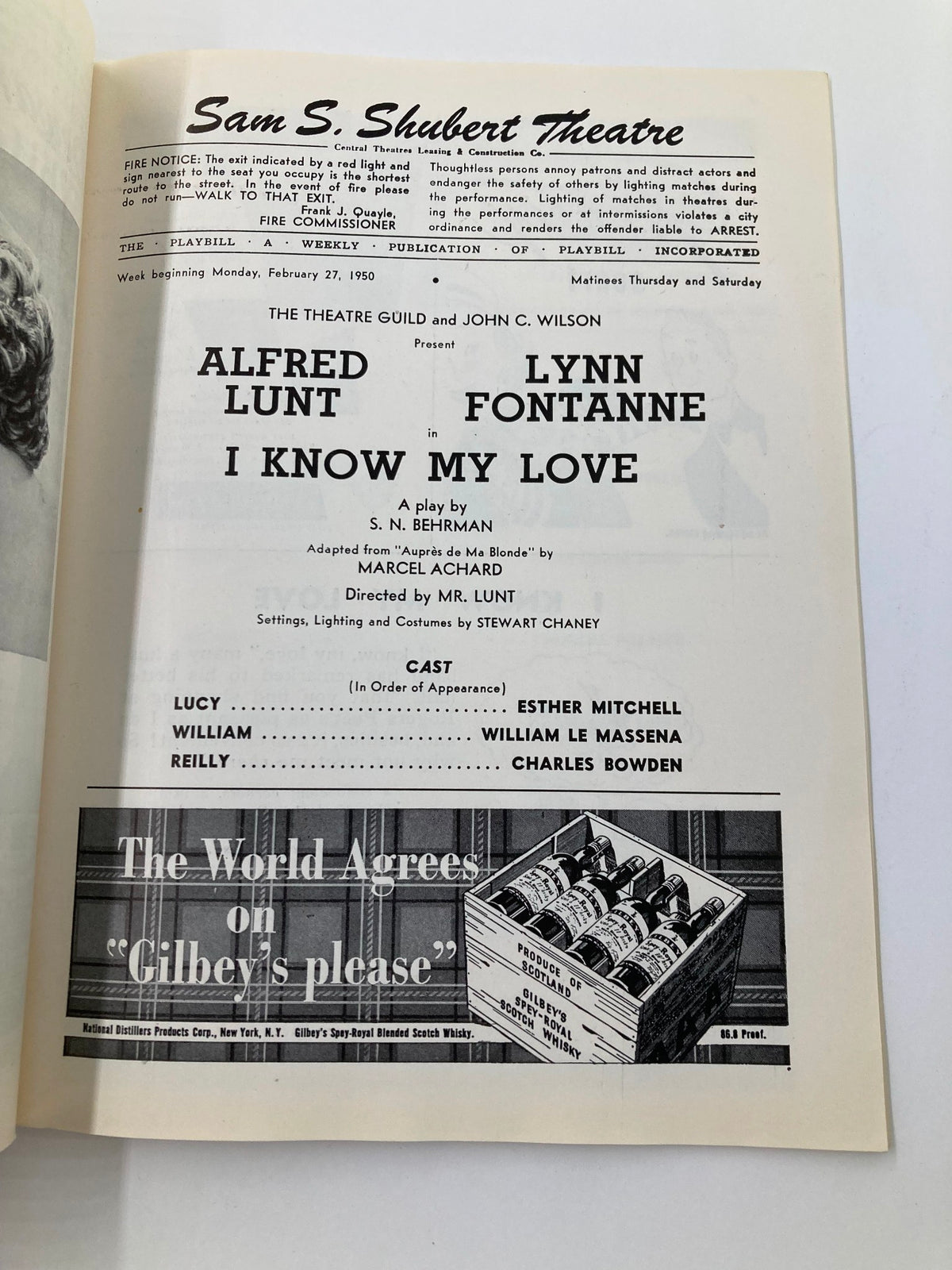 1950 Playbill from Sam S. Shubert Theatre featuring Alfred Lunt and Lynn Fontanne in I Know My Love, showcasing cast details and advertisements.