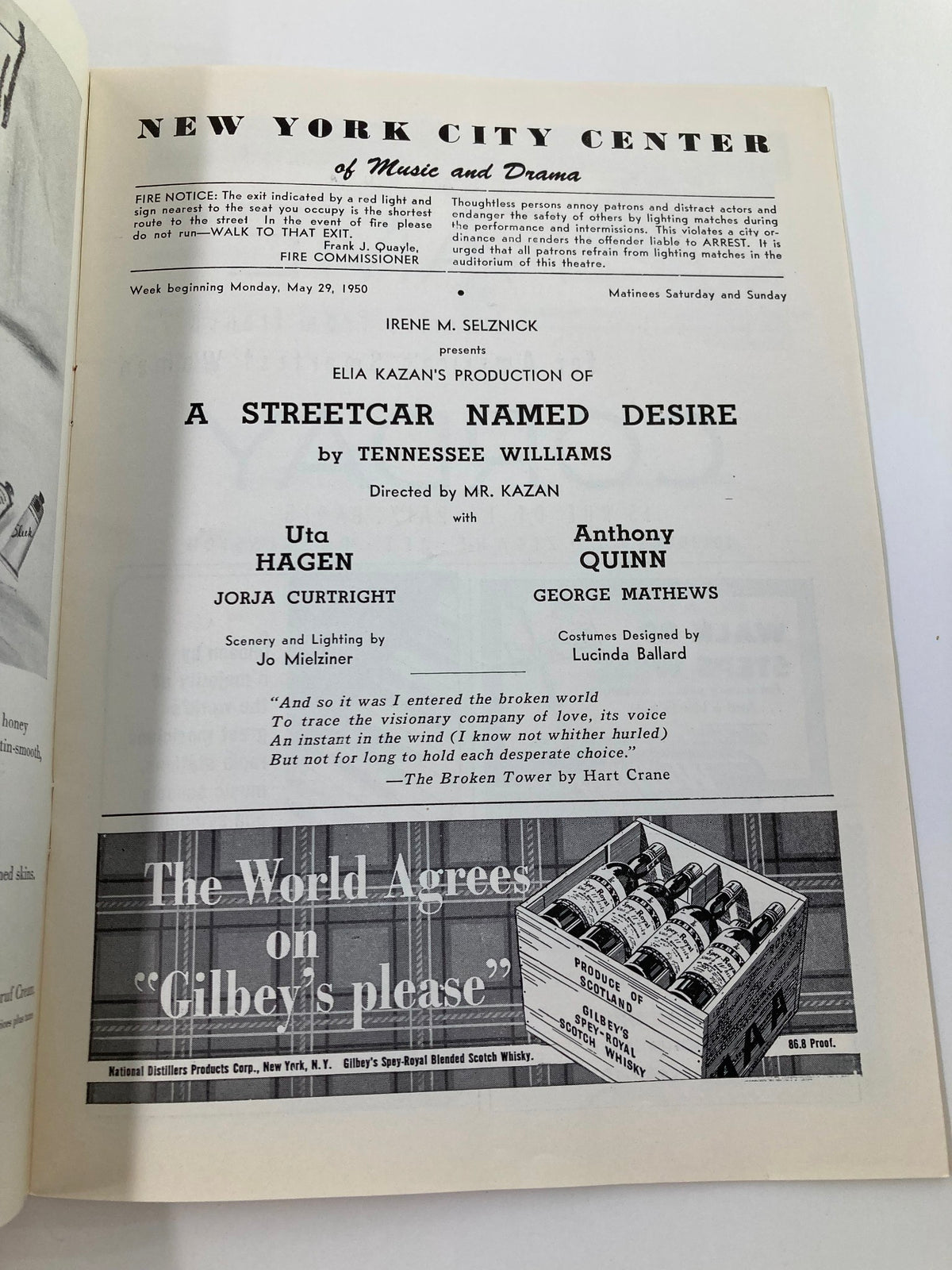 Inside page of the 1950 Playbill for 'A Streetcar Named Desire' at New York City Center detailing the production credits and cast.