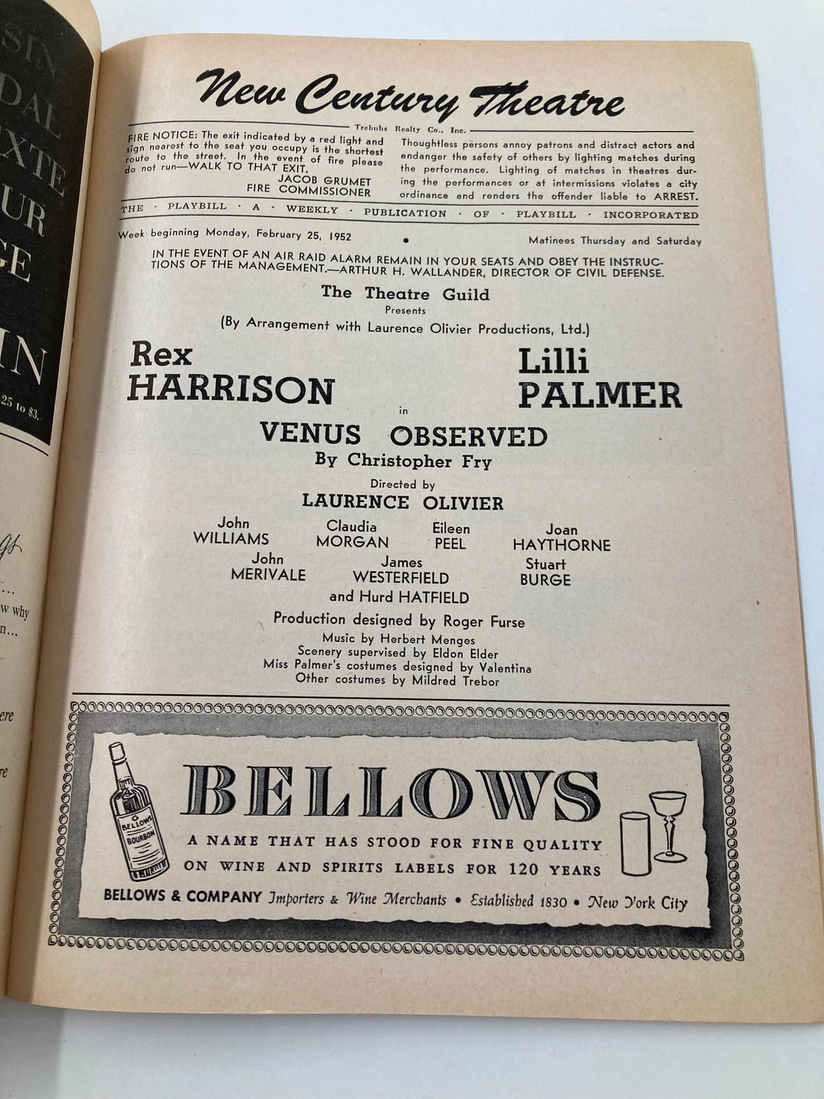Inside page of the 1952 Playbill for New Century Theatre detailing the cast and crew for Venus Observed starring Lilli Palmer and Rex Harrison.