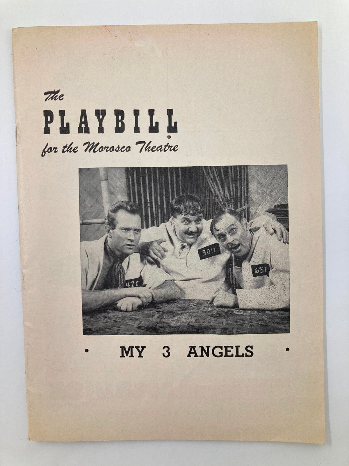 1953 Playbill for the Morosco Theatre featuring 'My 3 Angels', showcasing a black and white photograph of the main characters.