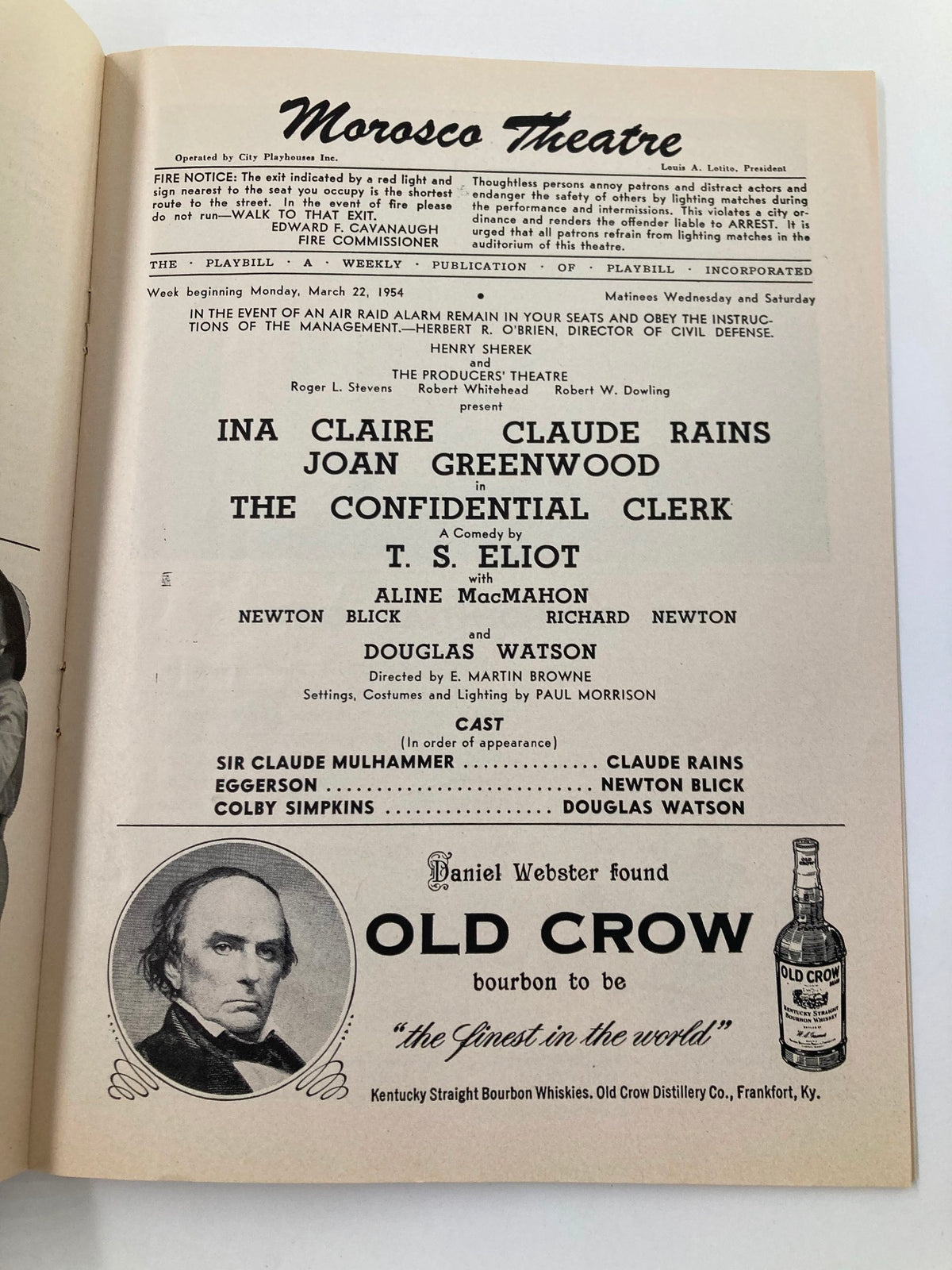 Interior page of the 1954 Playbill for the Morosco Theatre detailing the cast and crew, including Ina Claire and Claude Rains in The Confidential Clerk.