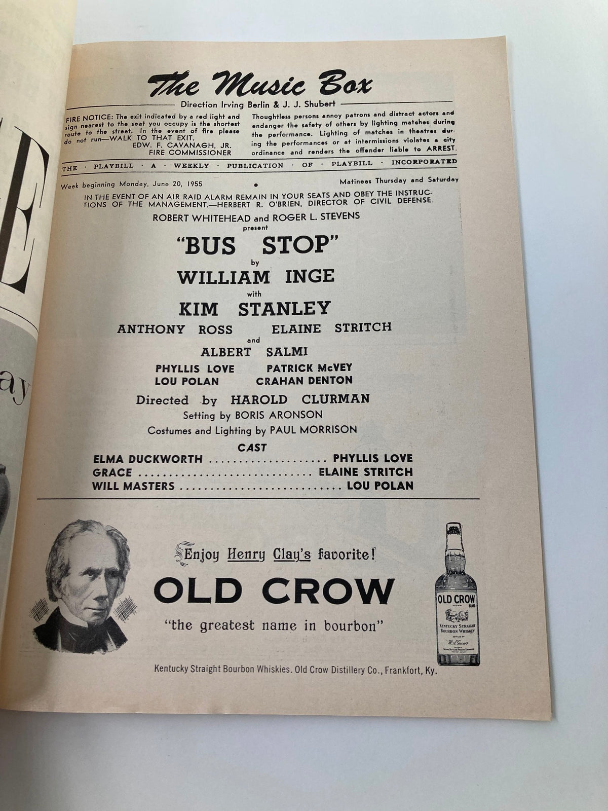 Inside page of the 1955 Playbill for 'Bus Stop' featuring cast details and production information, reflecting the historical significance of the theater production.