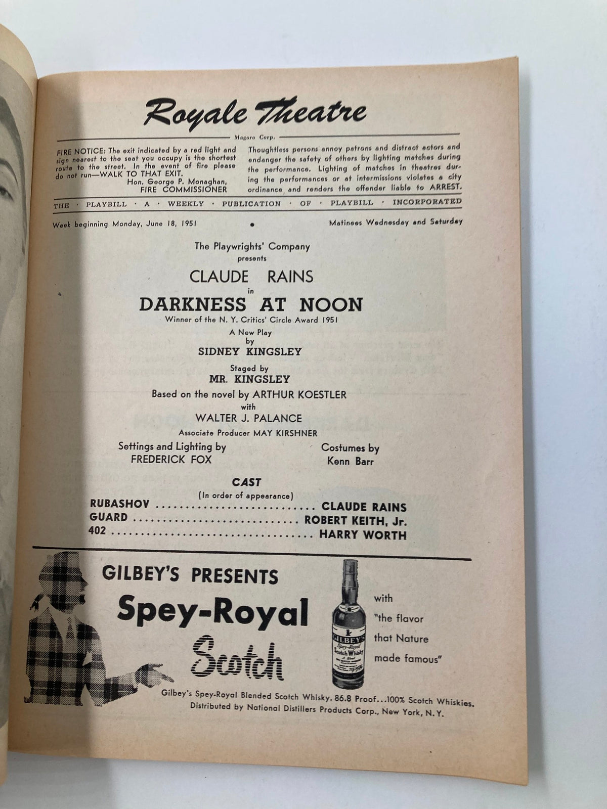Inside page of the 1951 Playbill for the Royale Theatre, showcasing cast details and production credits for 'Darkness at Noon'.